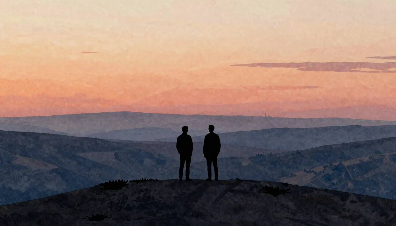 Watercolor style. Two silhouettes standing on a high hill, l...