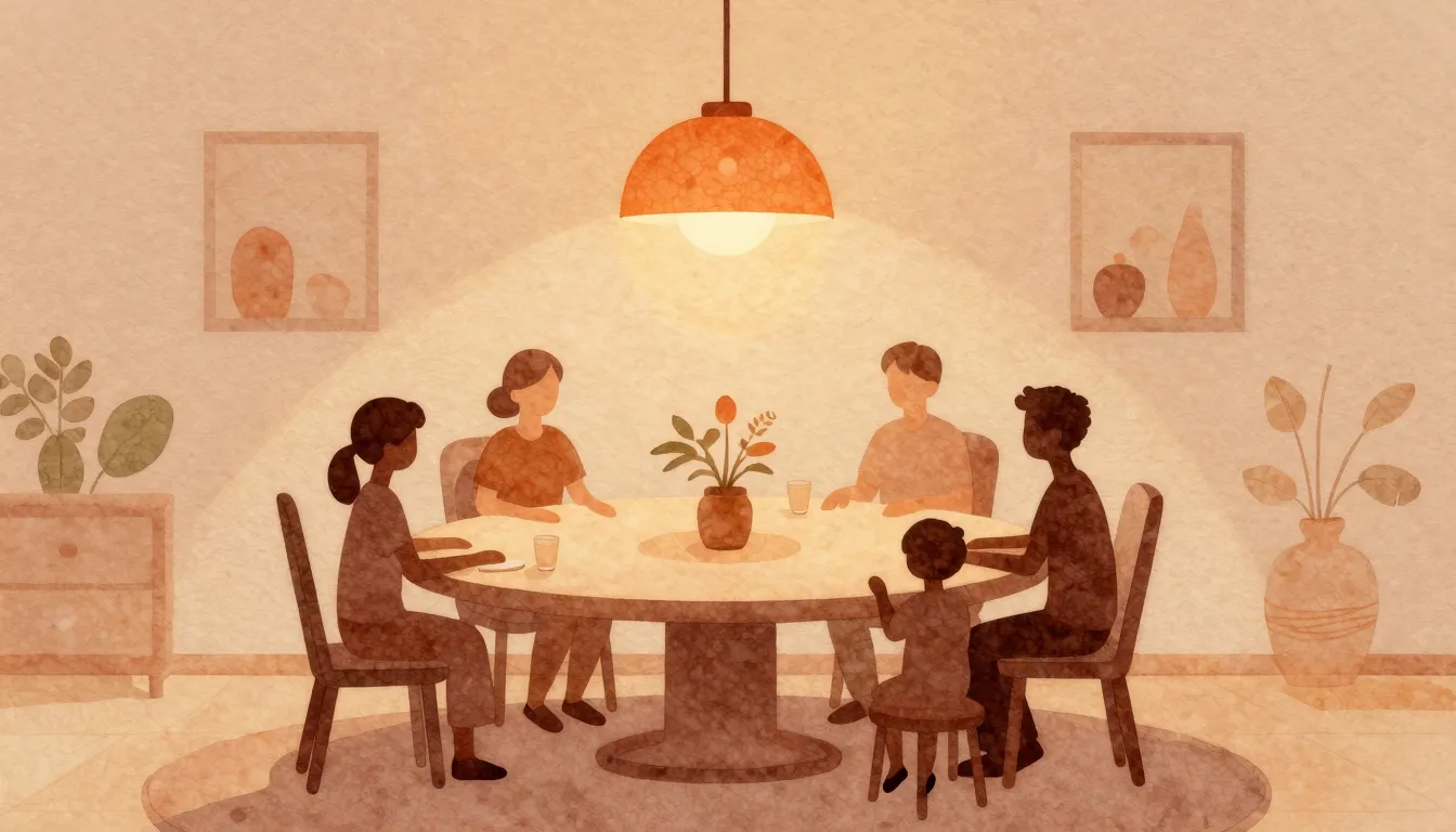 Watercolor style. Silhouettes of two families sitting around...