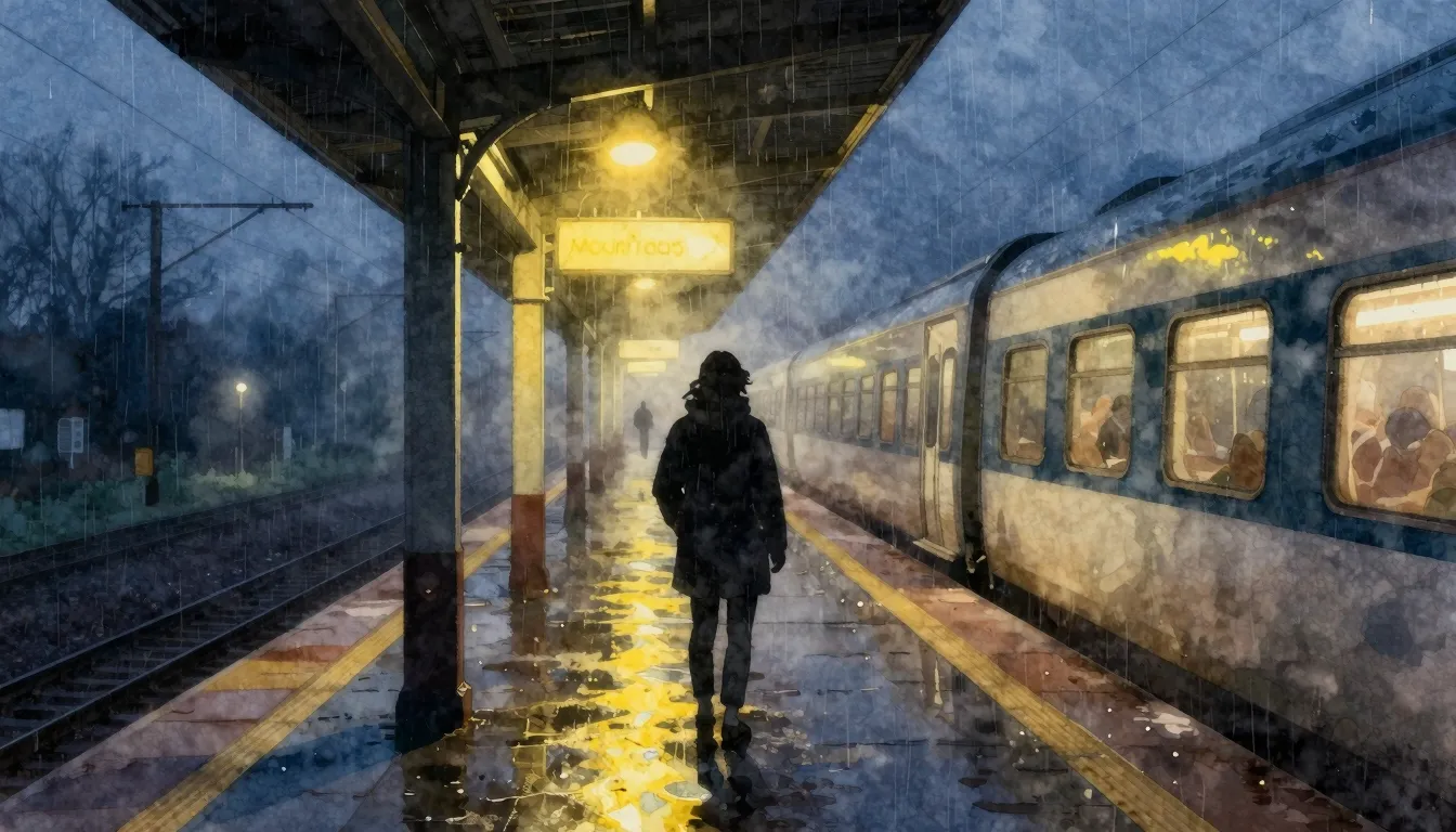 Watercolor style. A dark silhouette of a person standing on ...