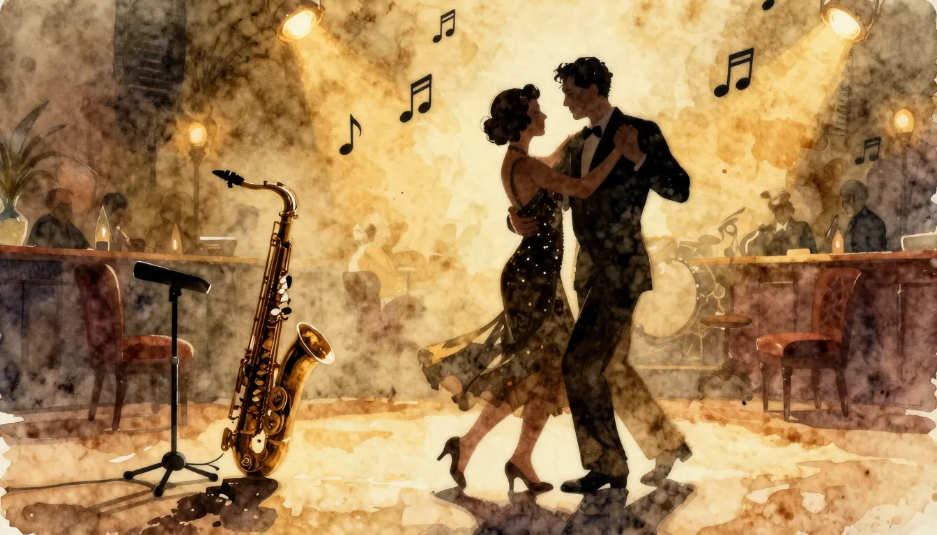 Watercolor style. A silhouette of a couple dancing in a diml...