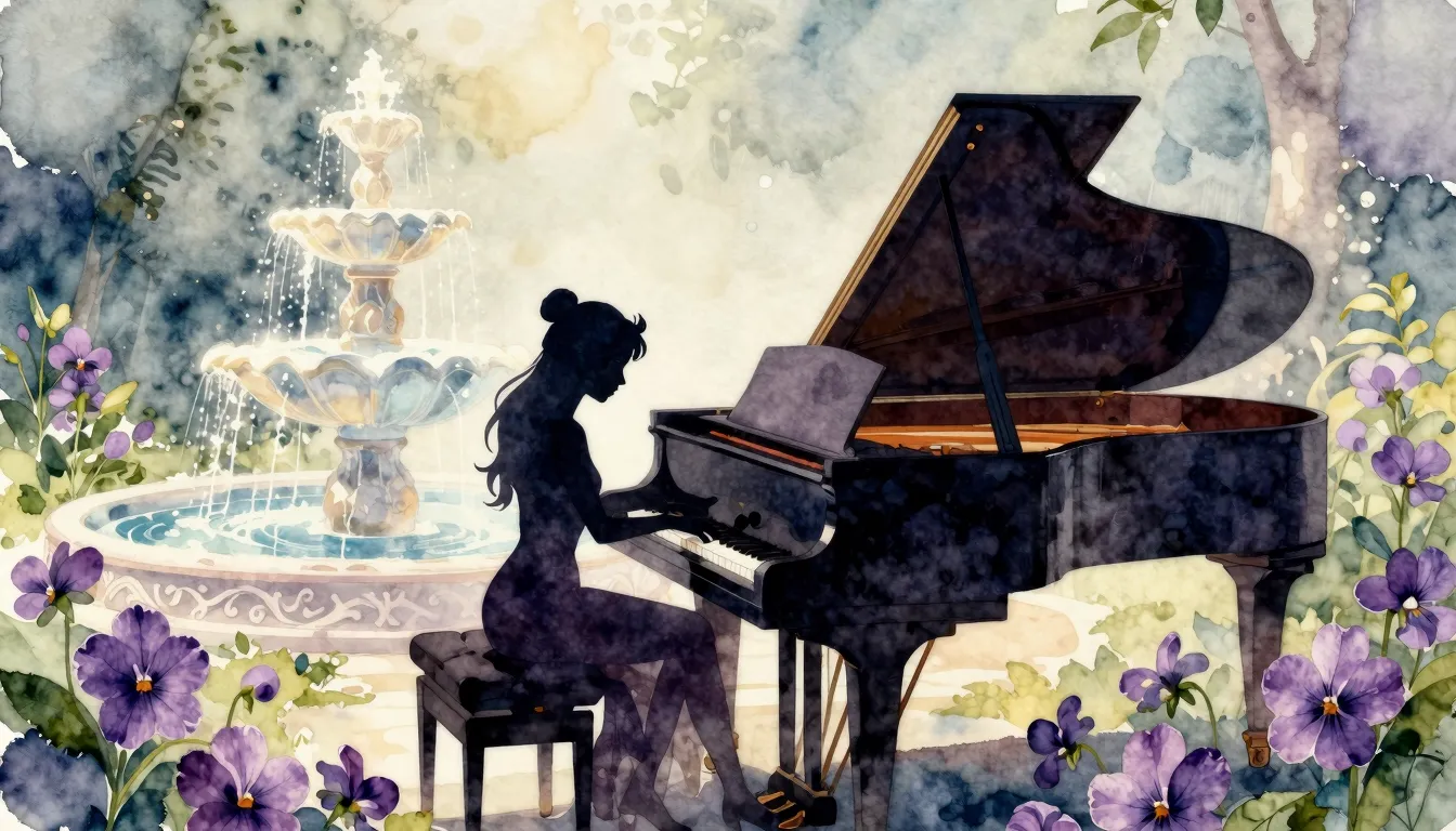 Watercolor style. A silhouette of a fairy sitting at a grand...