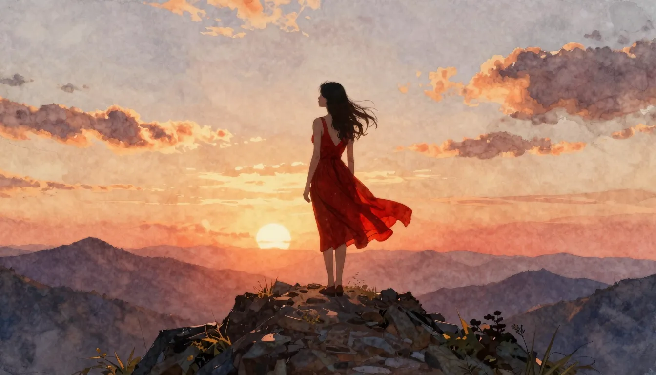 Watercolor style. Silhouette of a woman in a red dress stand...