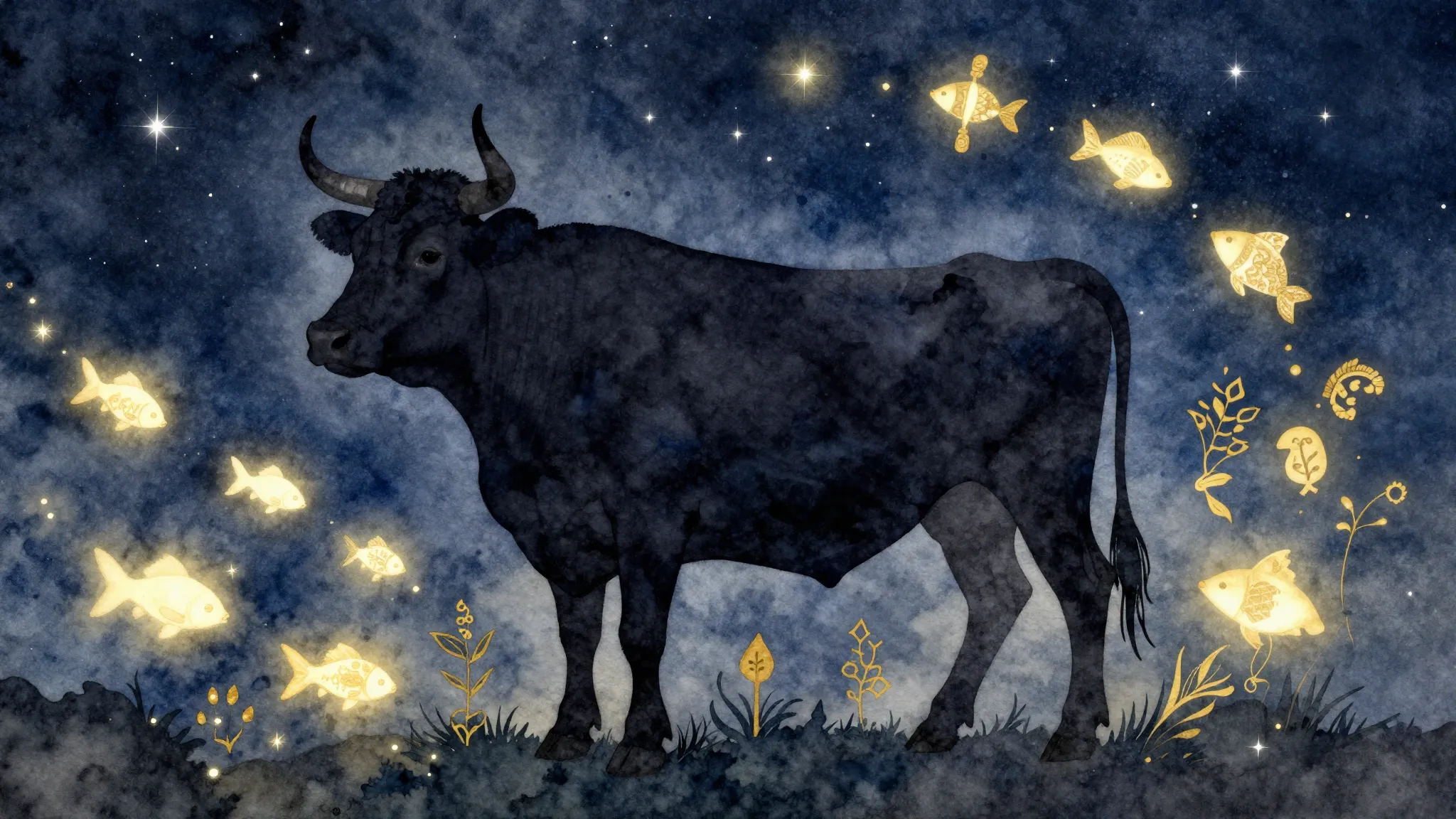 Watercolor style. A silhouette of a majestic cow in the star...