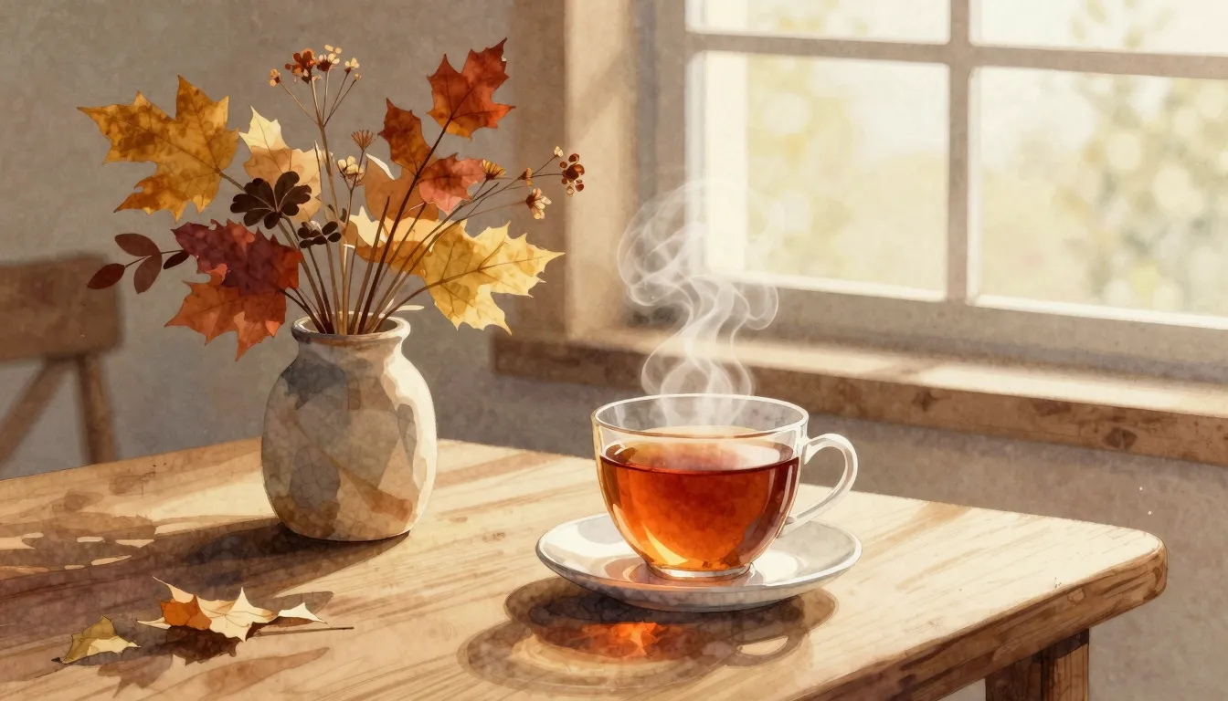 Watercolor style. A cozy interior with a steaming cup of tea...