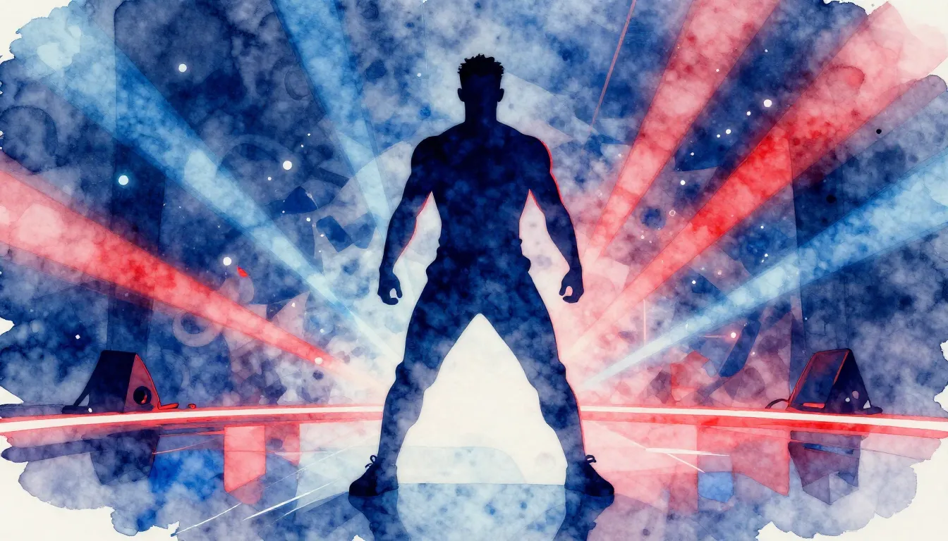 Watercolor style. Neon silhouette of a strong man standing o...