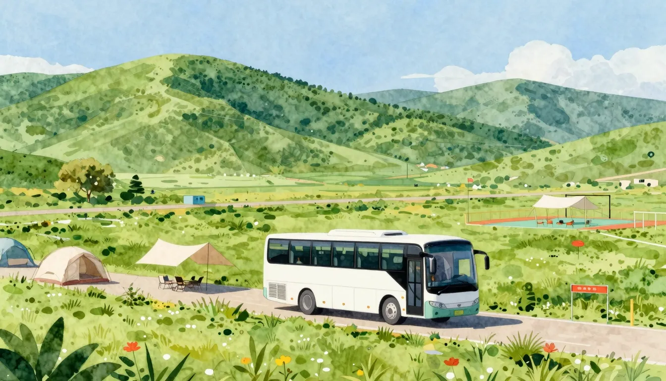 Watercolor style. A bright sunny landscape with green hills,...