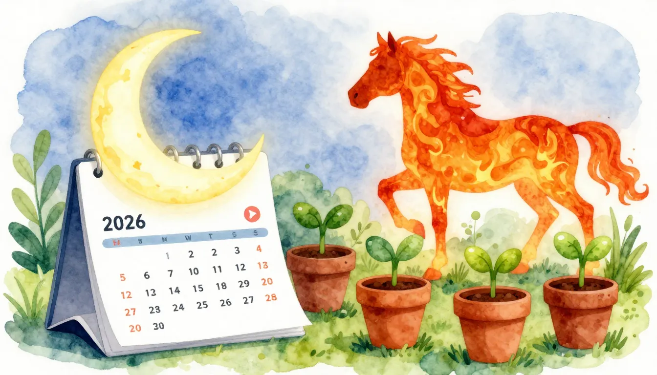 Watercolor style. Vibrant garden scene with a stylized 2026 ...