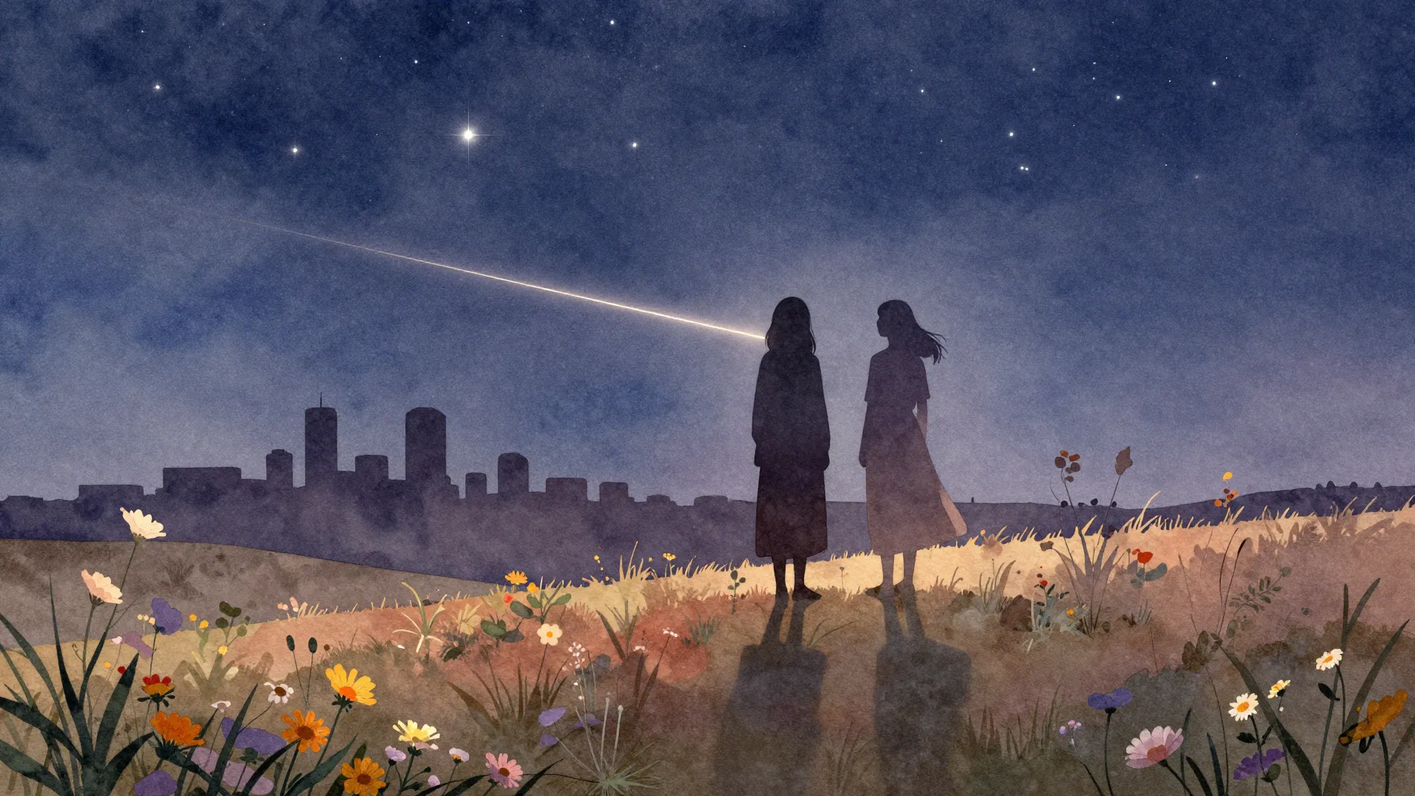 Watercolor style. Two female silhouettes stand on a hill, lo...