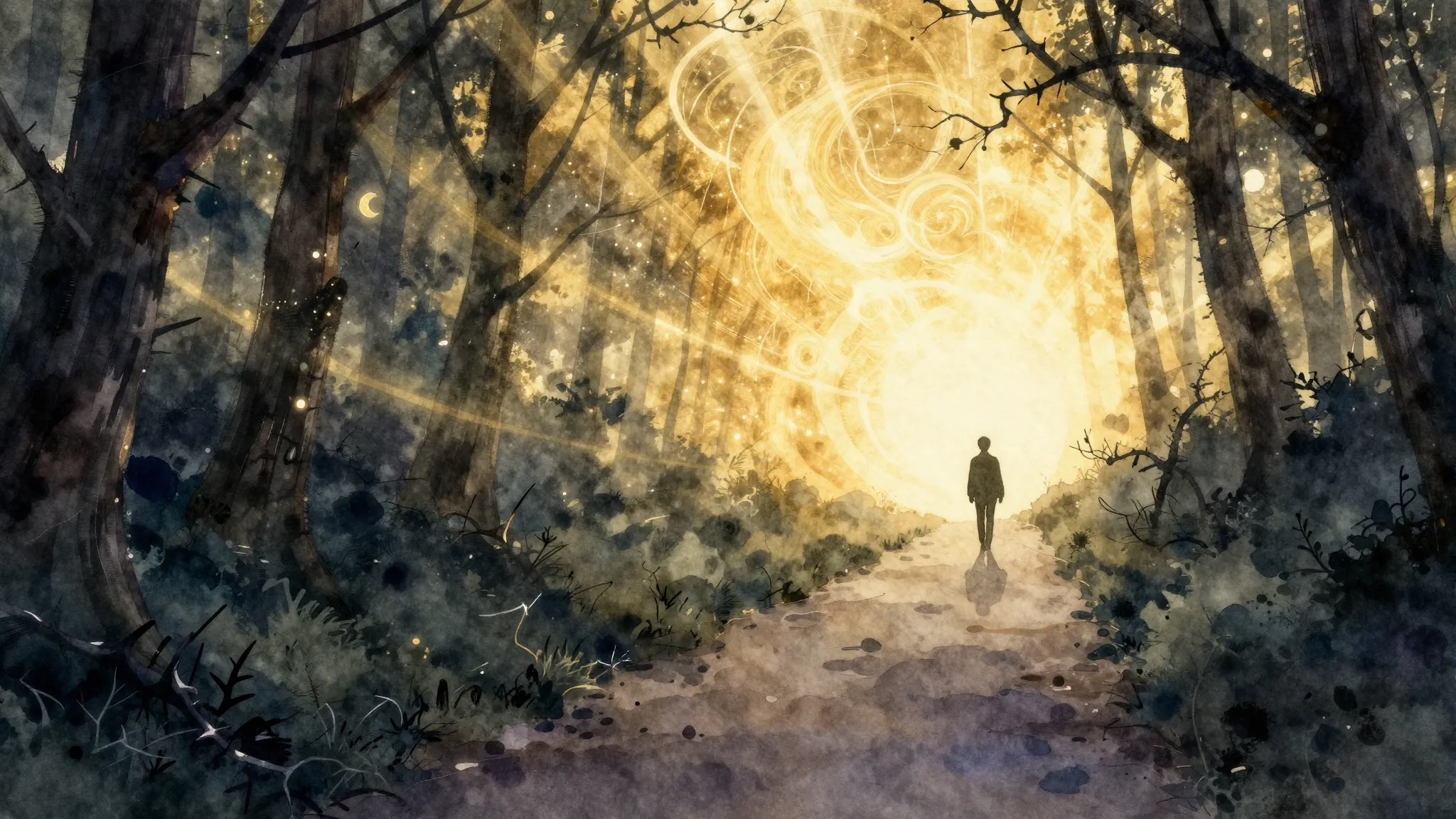Watercolor style. A stylized path leading from a dark, thorn...