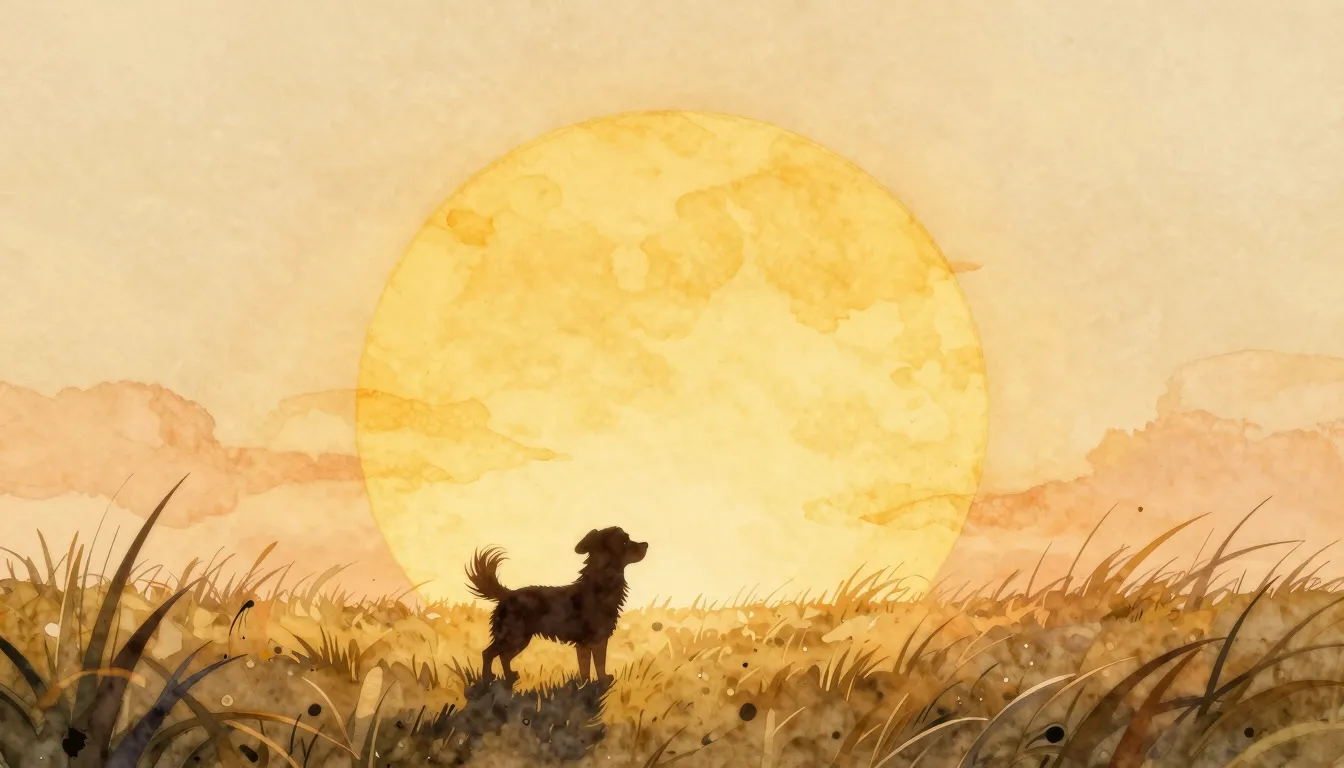 Watercolor style. Silhouette of a tiny long-haired dog looki...