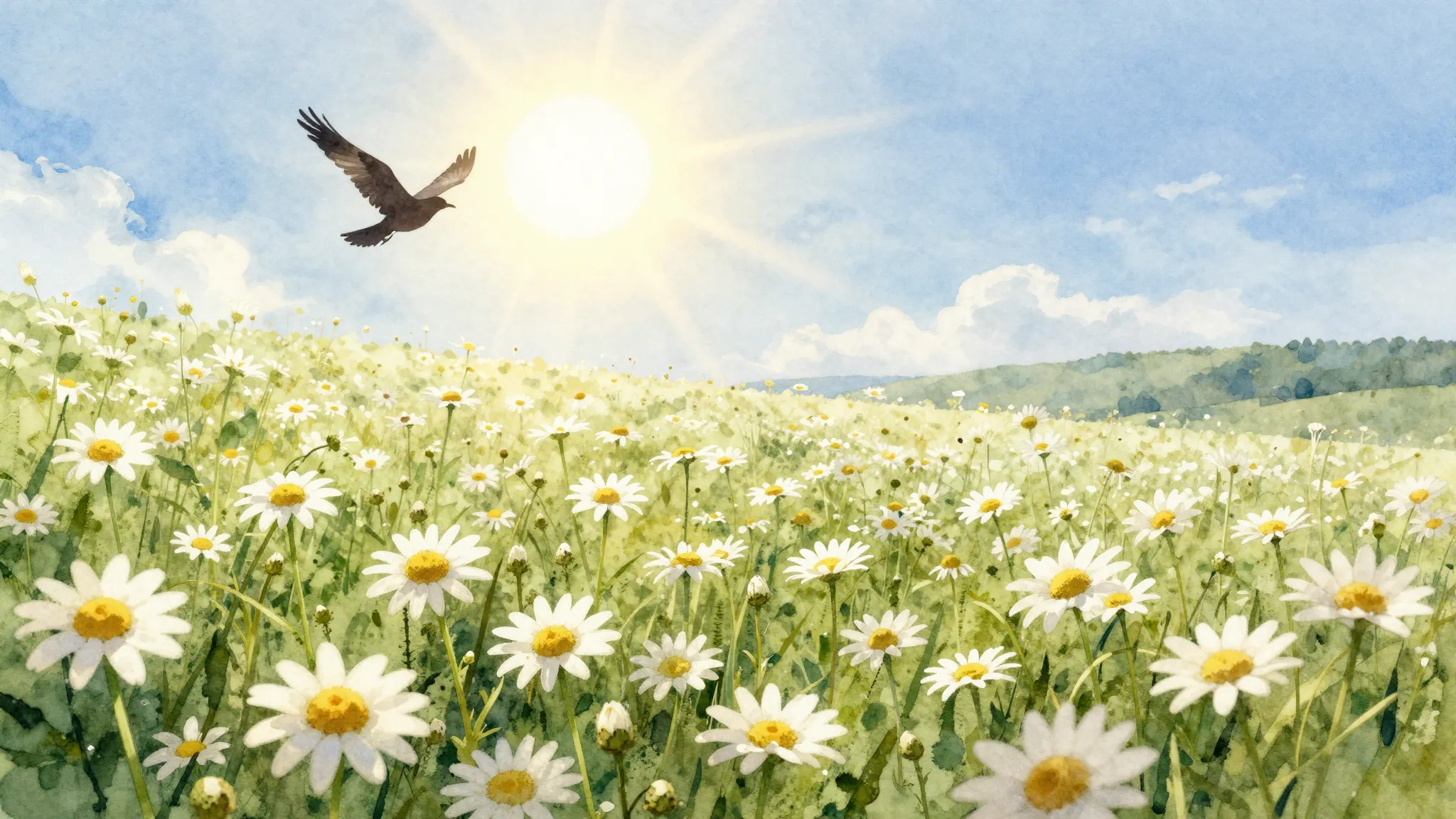 Watercolor style. A beautiful field of chamomile flowers und...