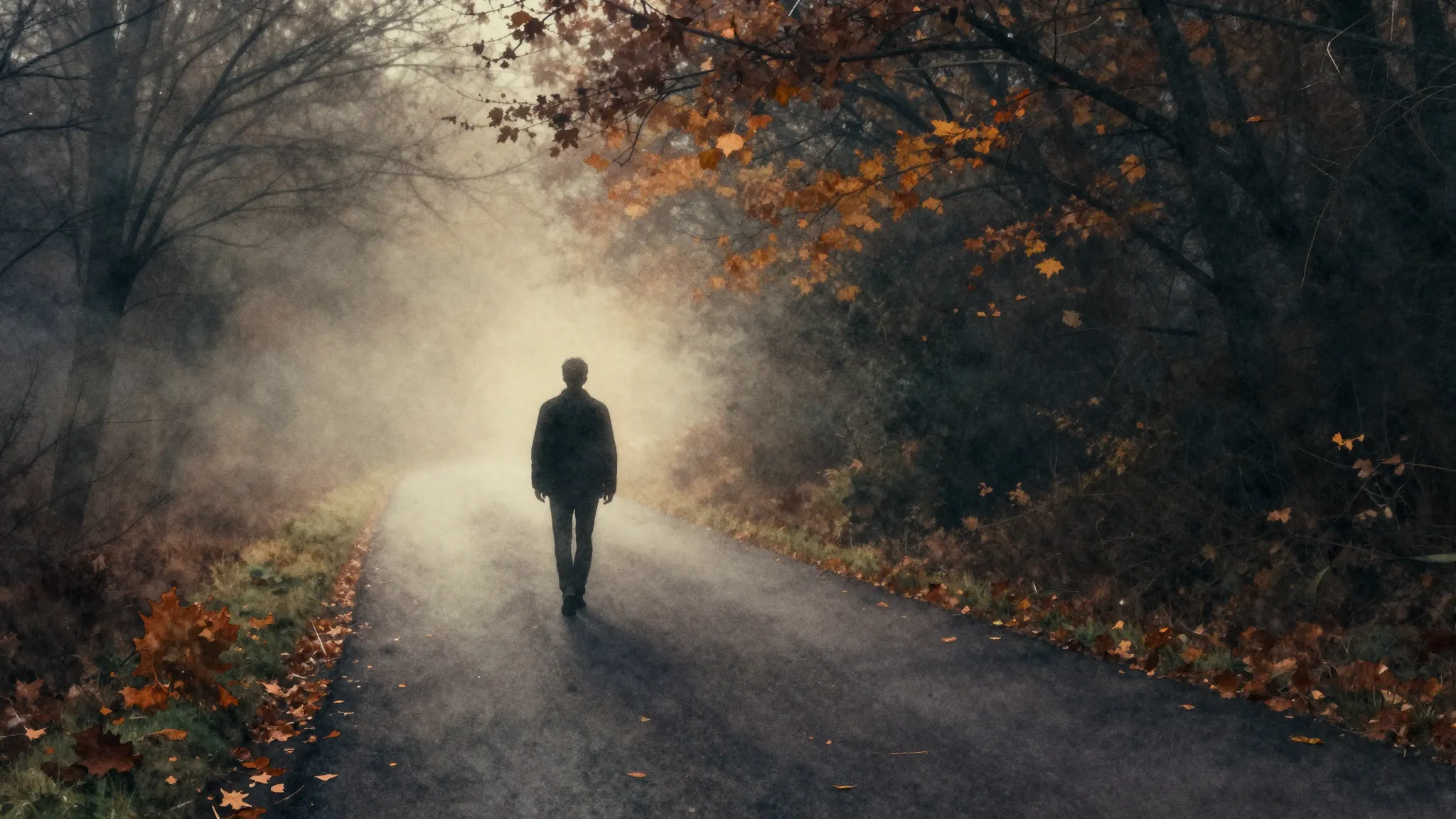 Watercolor style. A lonely silhouette of a man walking on a ...