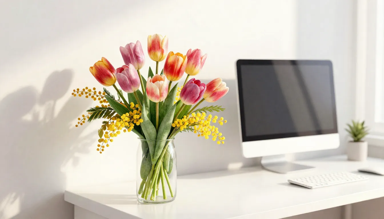 Watercolor style. Vibrant spring bouquet of tulips and mimos...