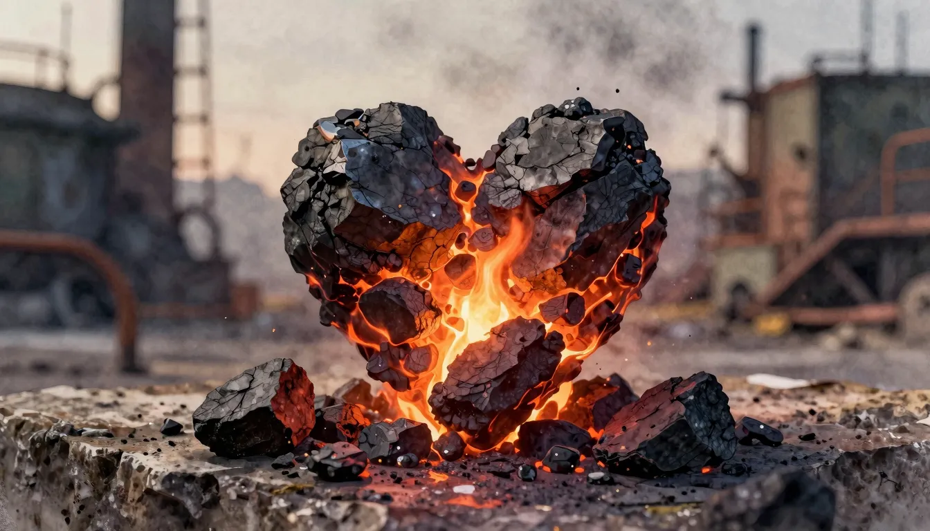 Watercolor style. A glowing heart made of coal, resting on a...