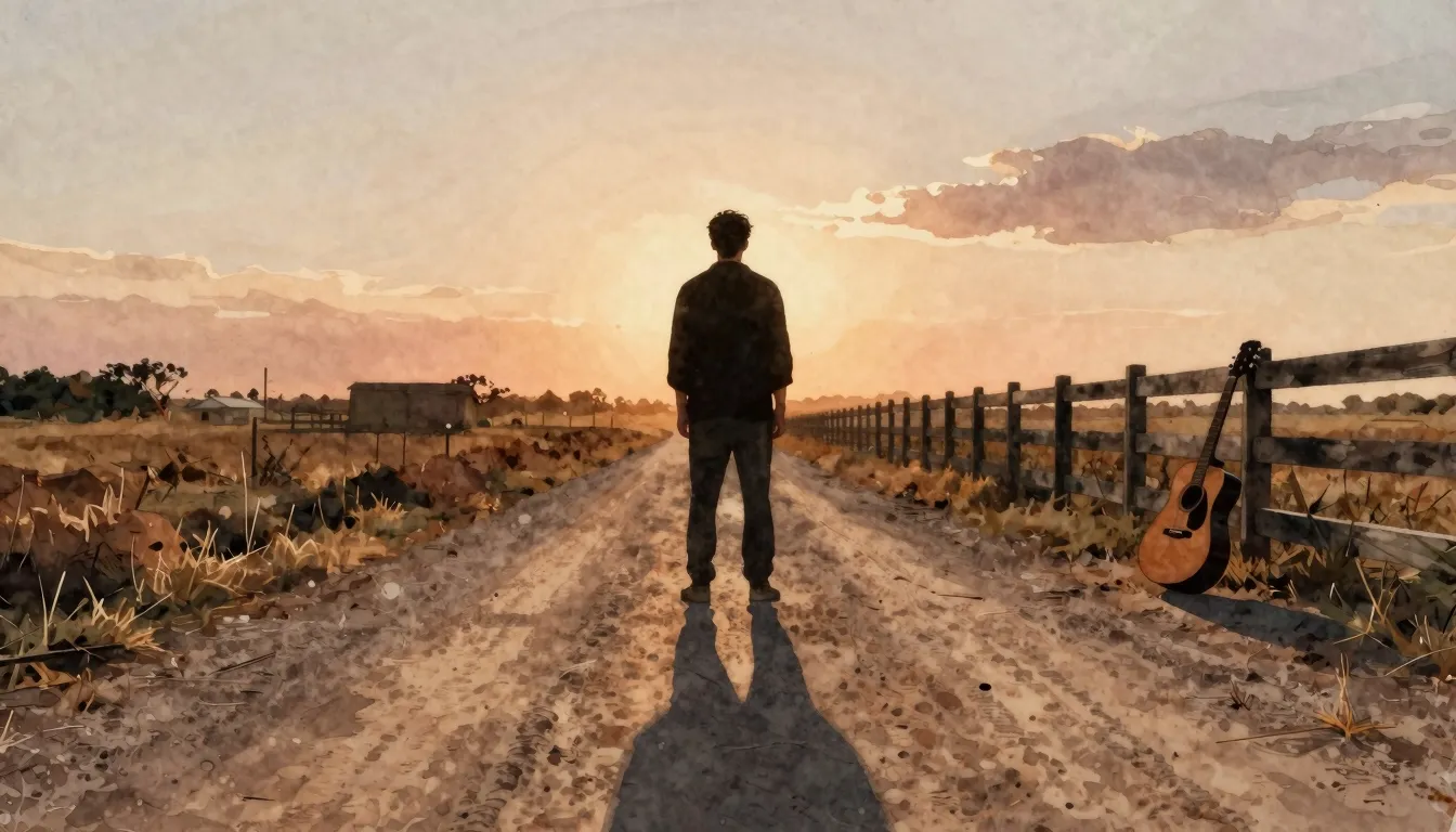 Watercolor style. A dark silhouette of a man standing on a d...