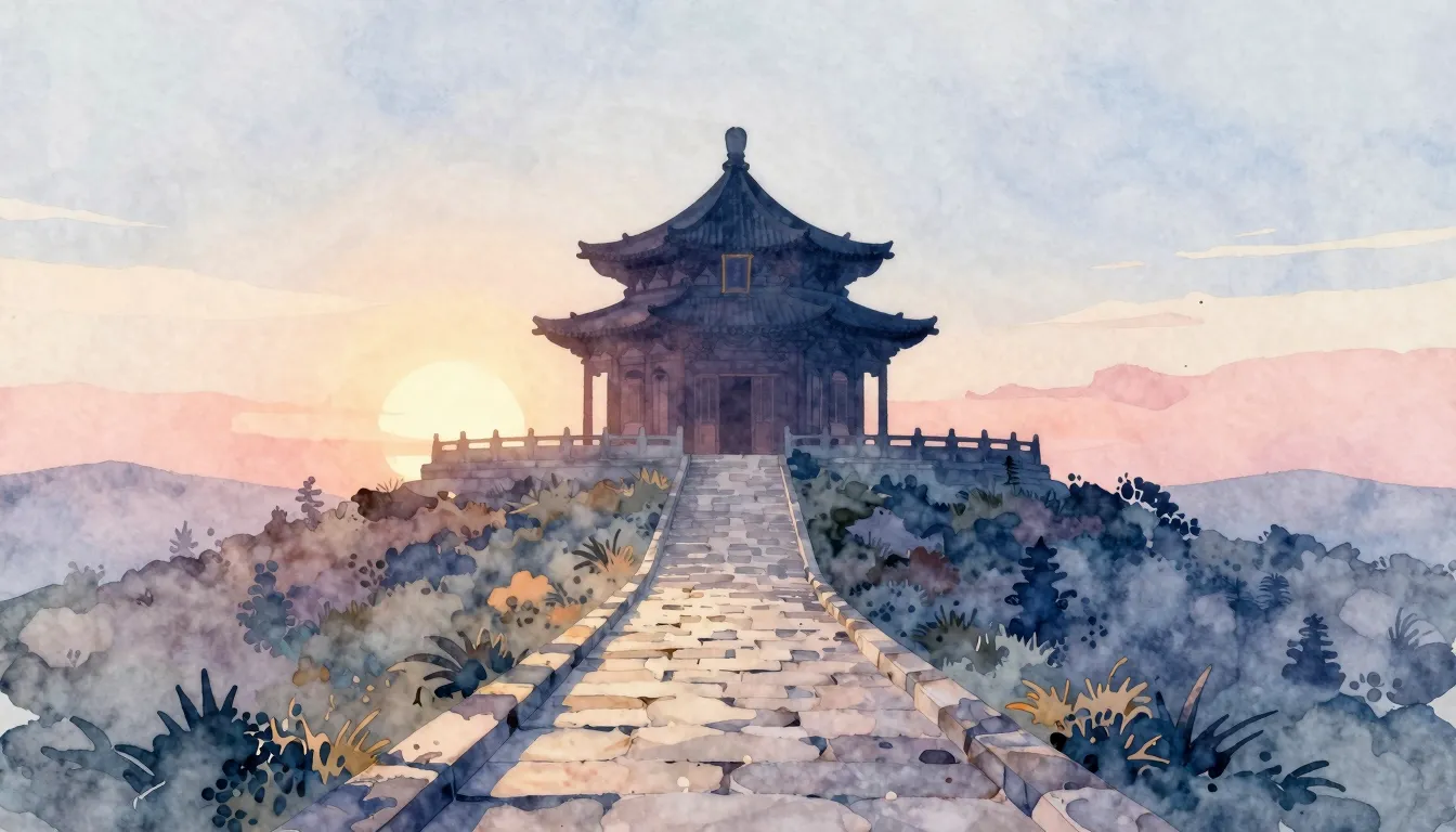 Watercolor style. A winding stone path leading up a hill tow...