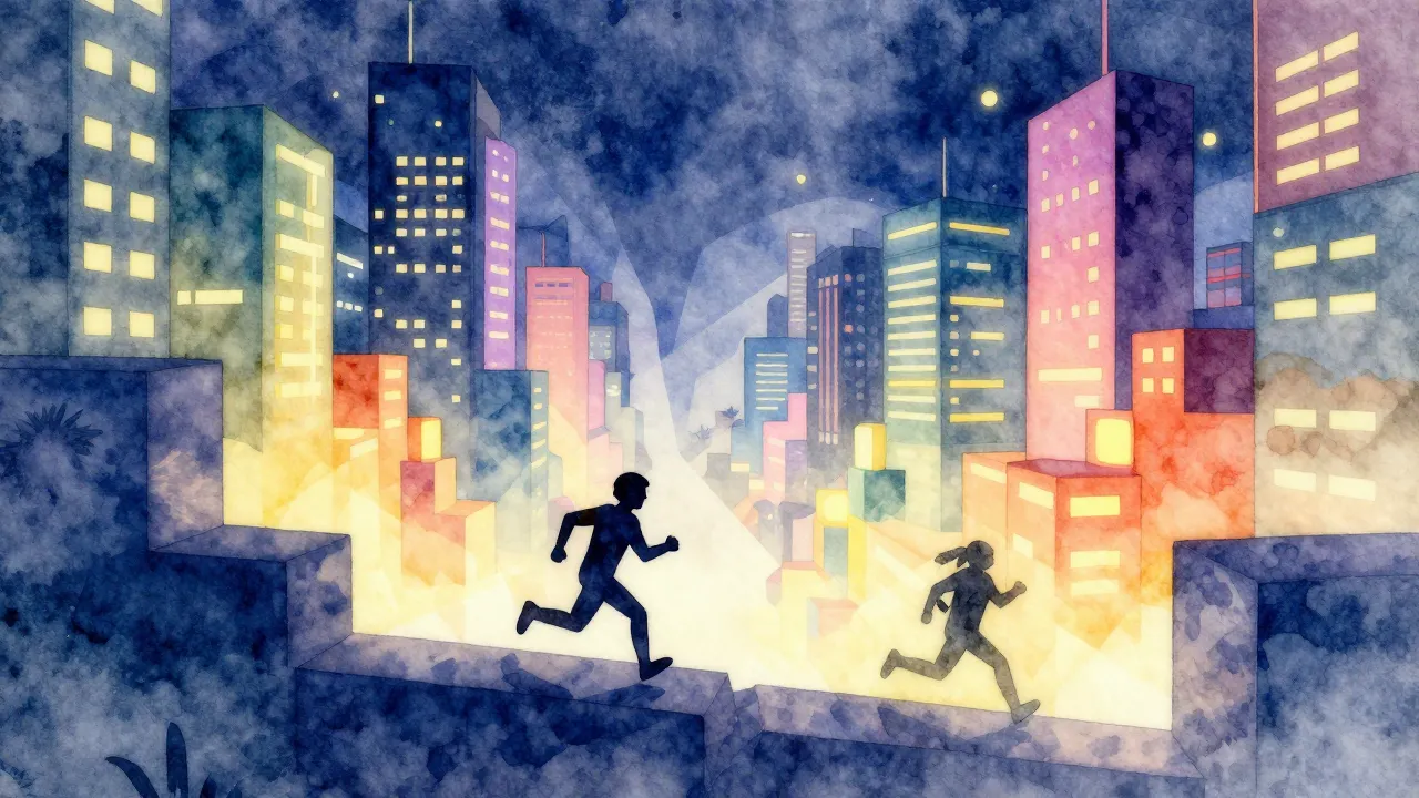 Watercolor style. Digital neon city inside a video game, low...