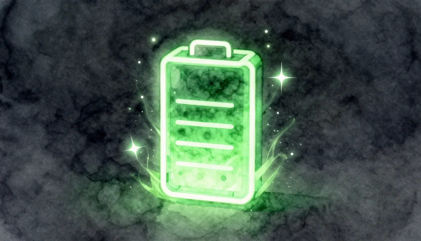 Watercolor style. A stylized 3D battery icon glowing with in...