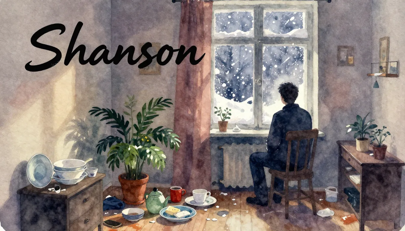 Vibrant watercolor style. "Shanson" song cover: a lonely, di...