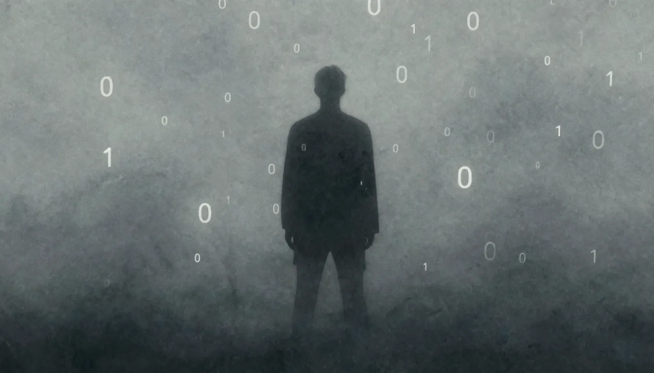 Watercolor style. A dark silhouette standing in a thick grey...
