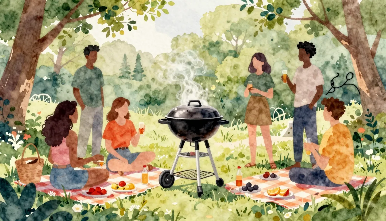 Watercolor style. Silhouette of a group of friends at a sunn...