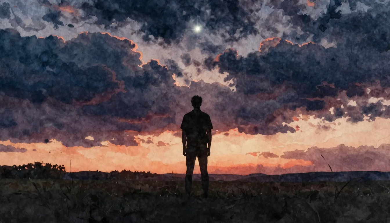 Watercolor style. A silhouette of a man standing in a vast f...