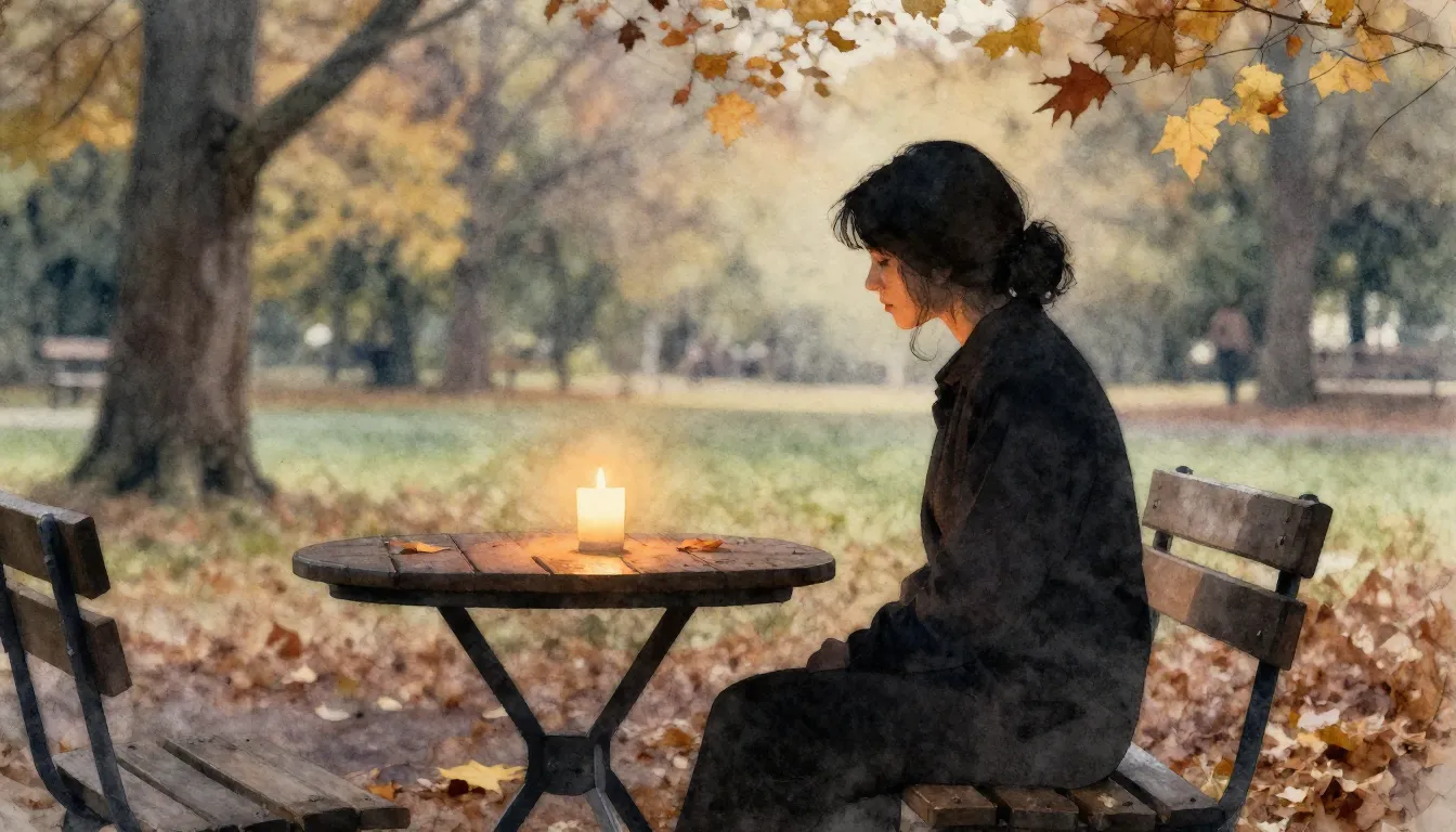 Watercolor style. A silhouette of a woman sitting on a bench...