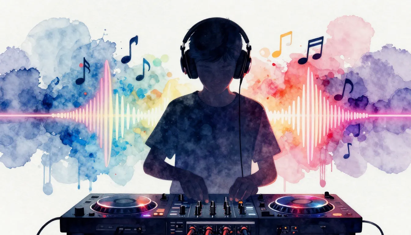 Watercolor style. A silhouette of a teenager wearing large h...