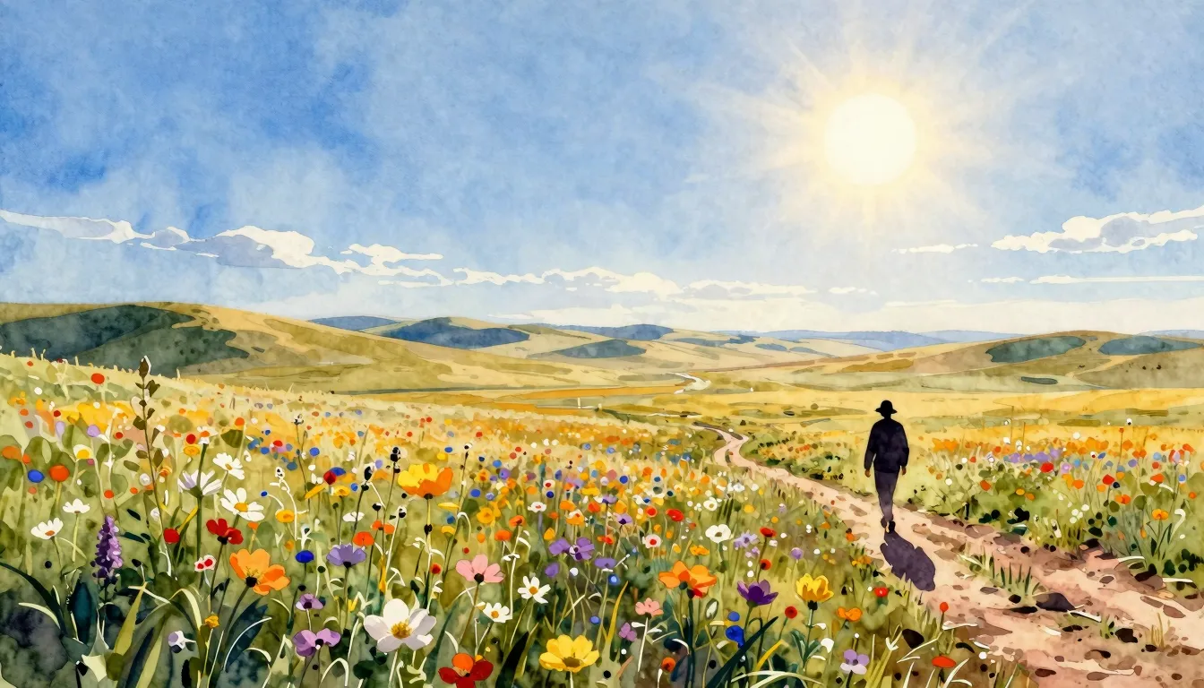 Watercolor style. A vast, endless steppe under a wide blue s...