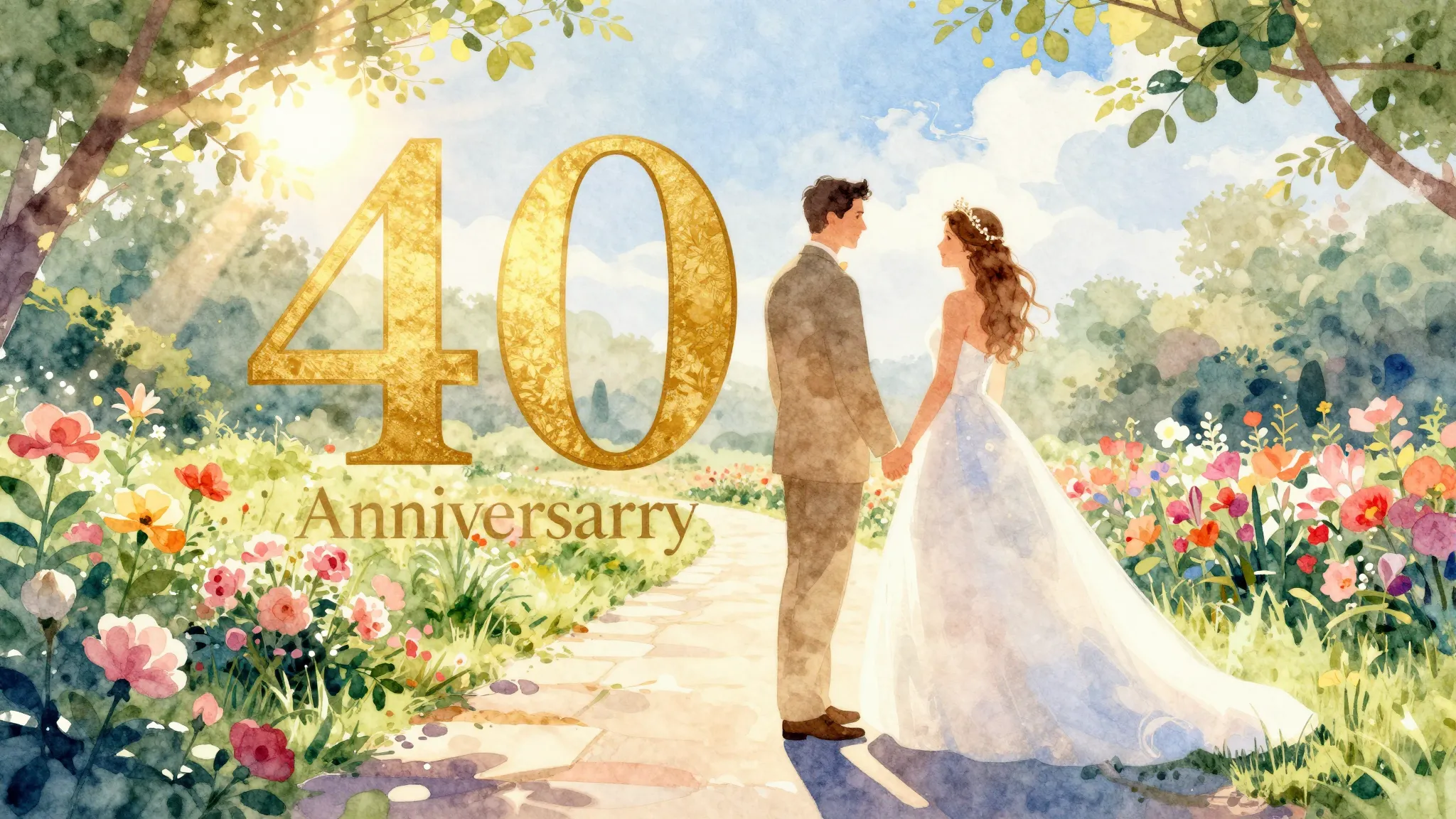 Vibrant watercolor style. A golden wedding anniversary, 40 y...