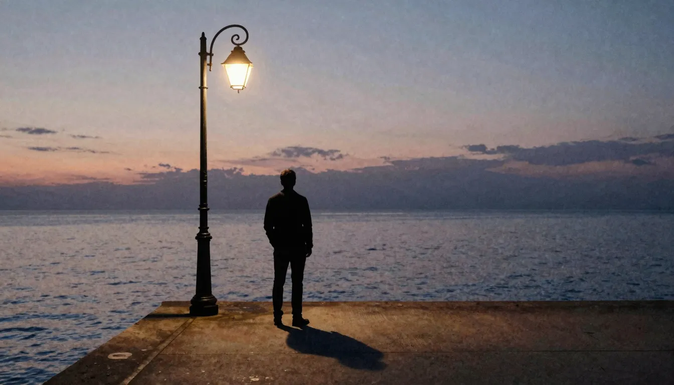 Watercolor style. A silhouette of a man standing on a pier a...