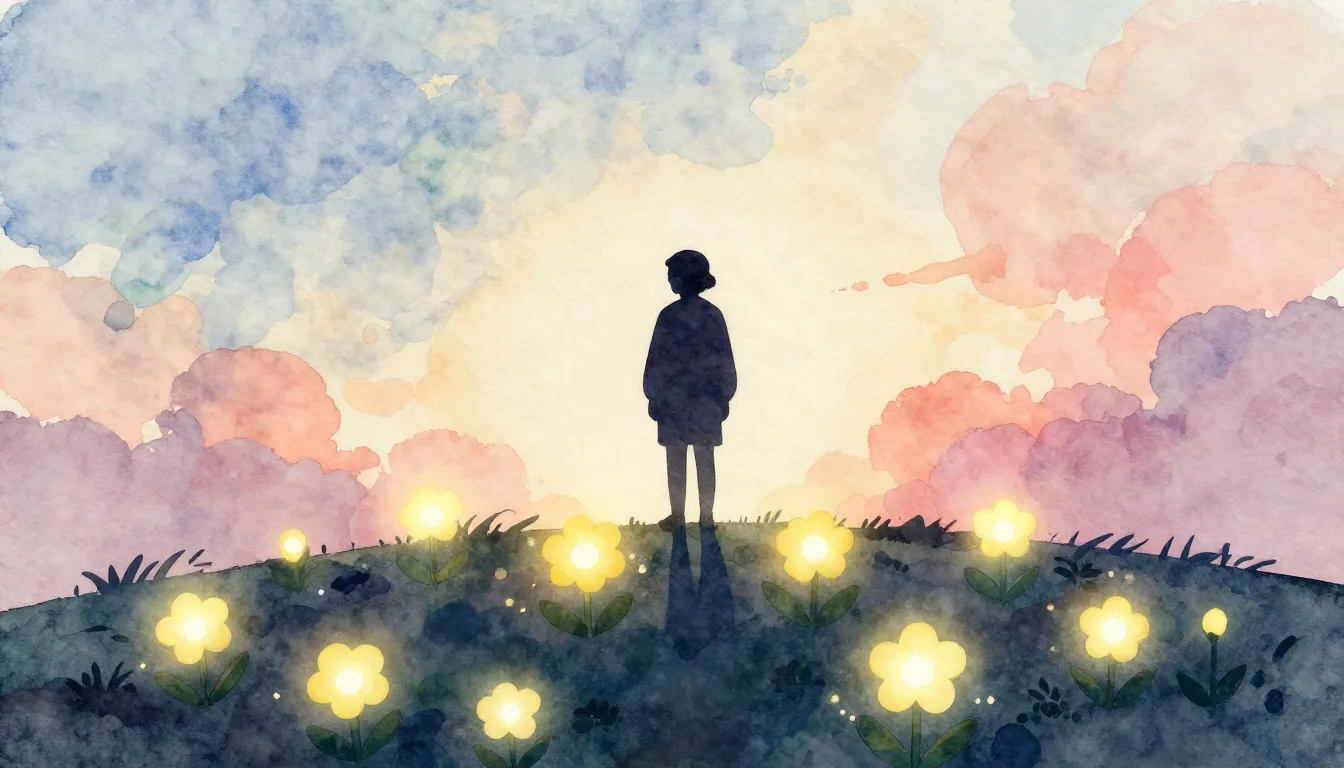 Watercolor style. Silhouette of a person standing on a hill,...