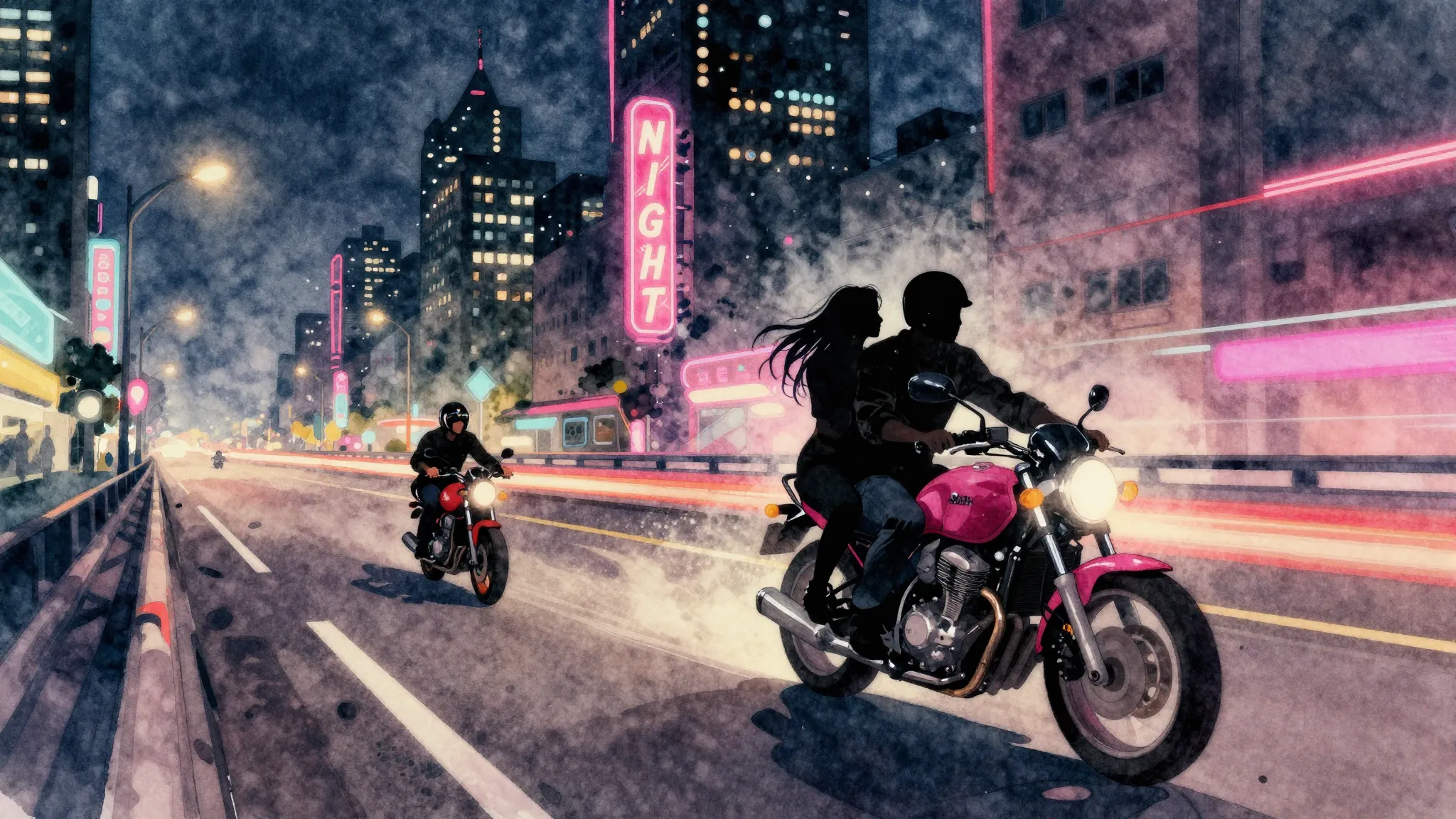 Vibrant watercolor style. Hip-hop album cover: Night city, n...