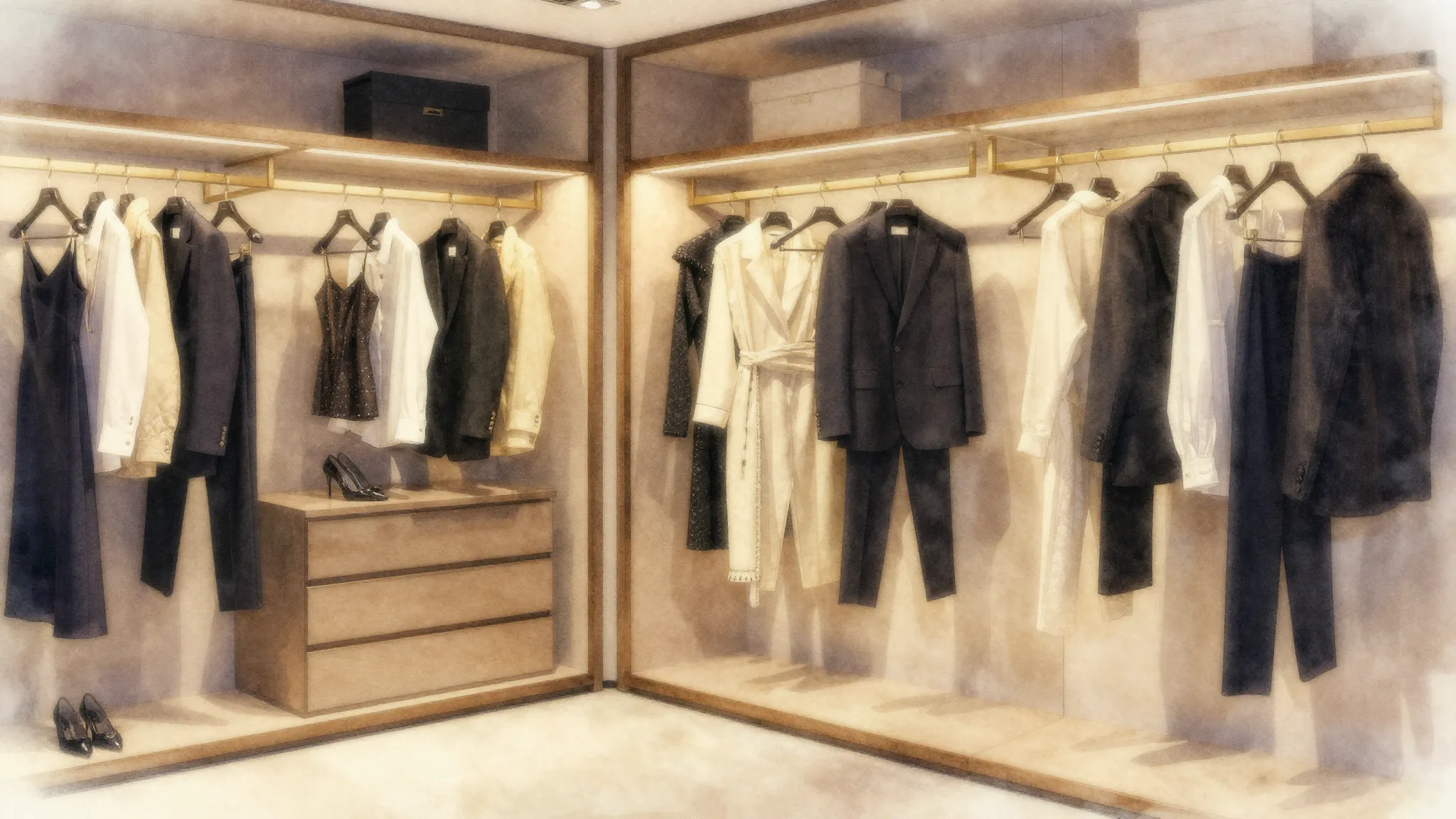 Watercolor style. A luxurious wardrobe interior with elegant...