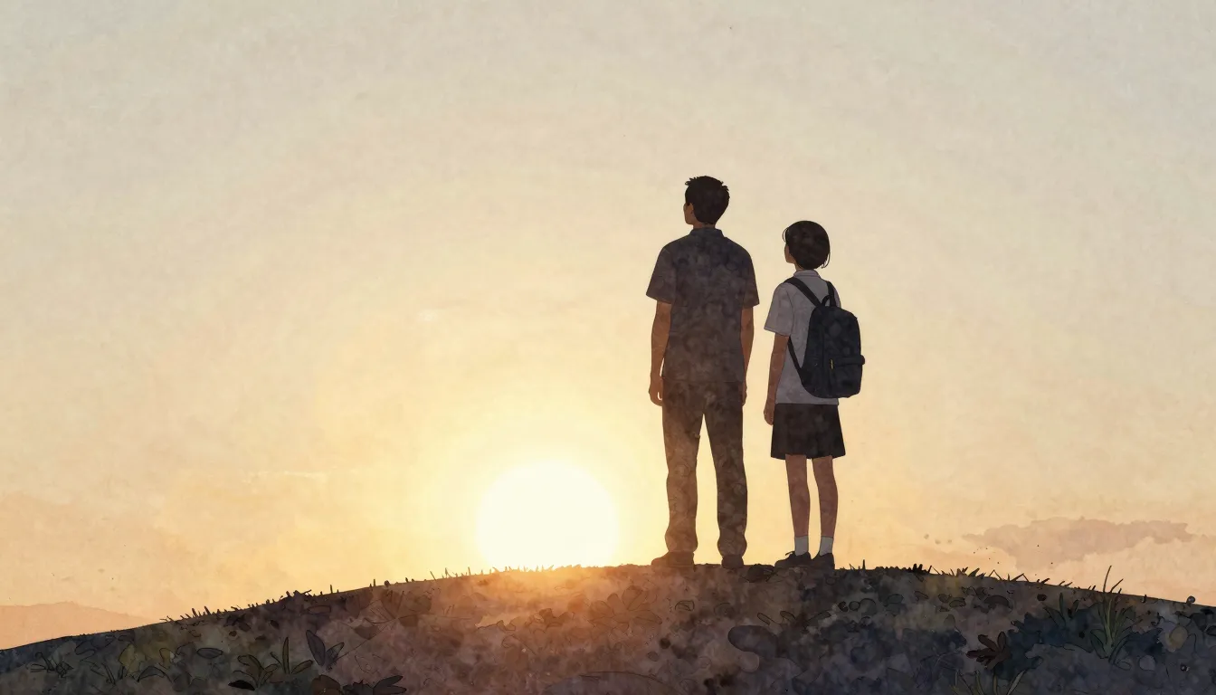 Watercolor style. Silhouette of a father and a teenage stude...