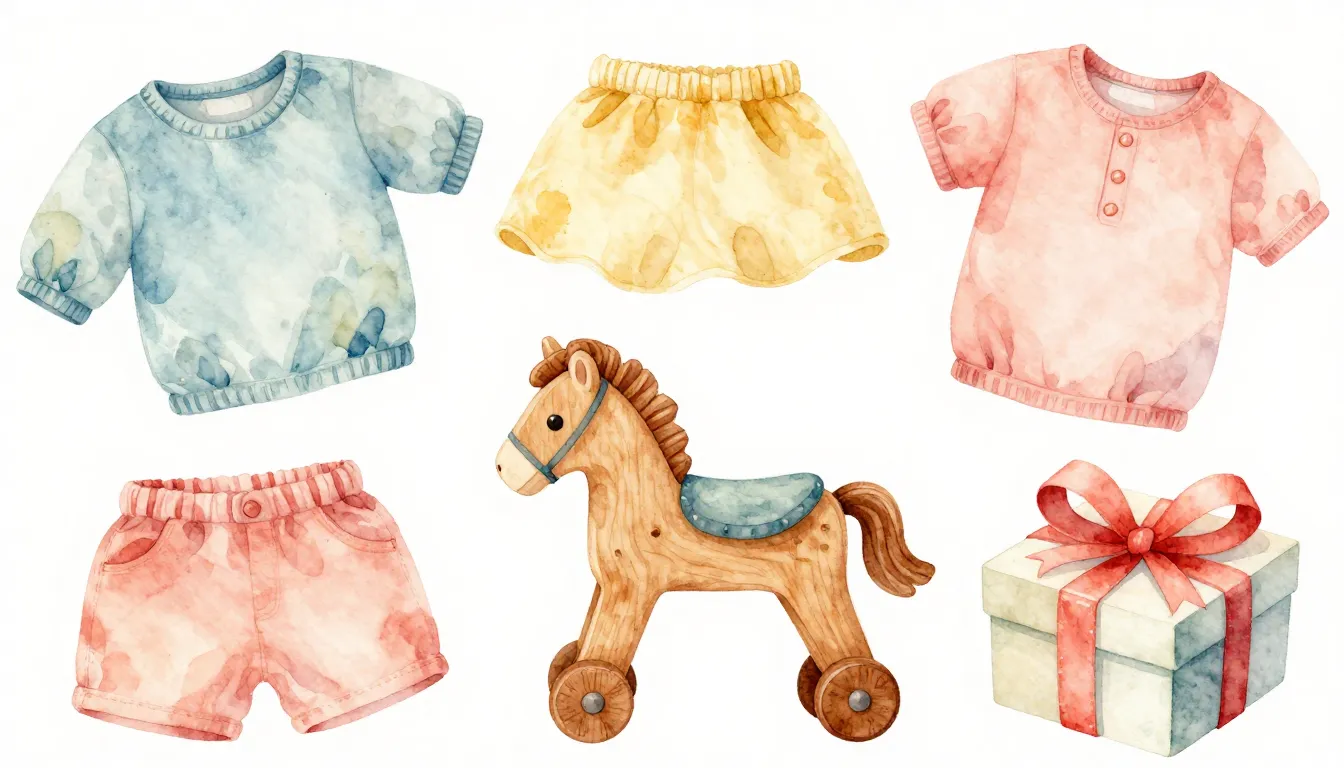 Watercolor style. A cozy flat lay of colorful children's clo...