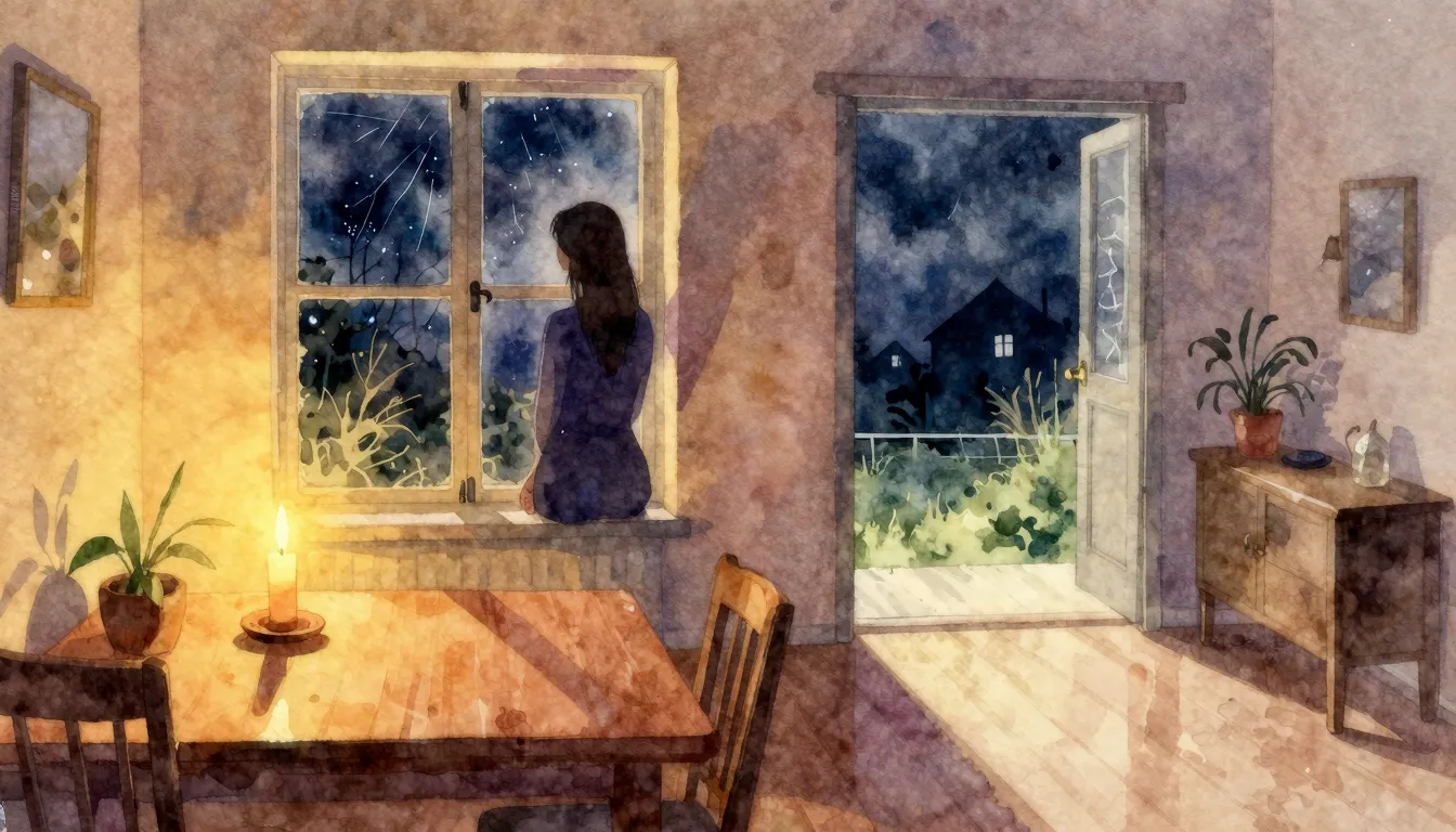 Vibrant watercolor style. A warm, cozy home interior with a ...