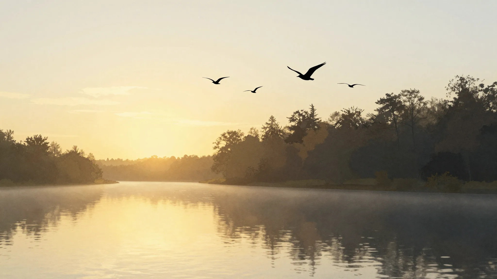 Watercolor style. Sunrise over a calm river, golden horizon,...