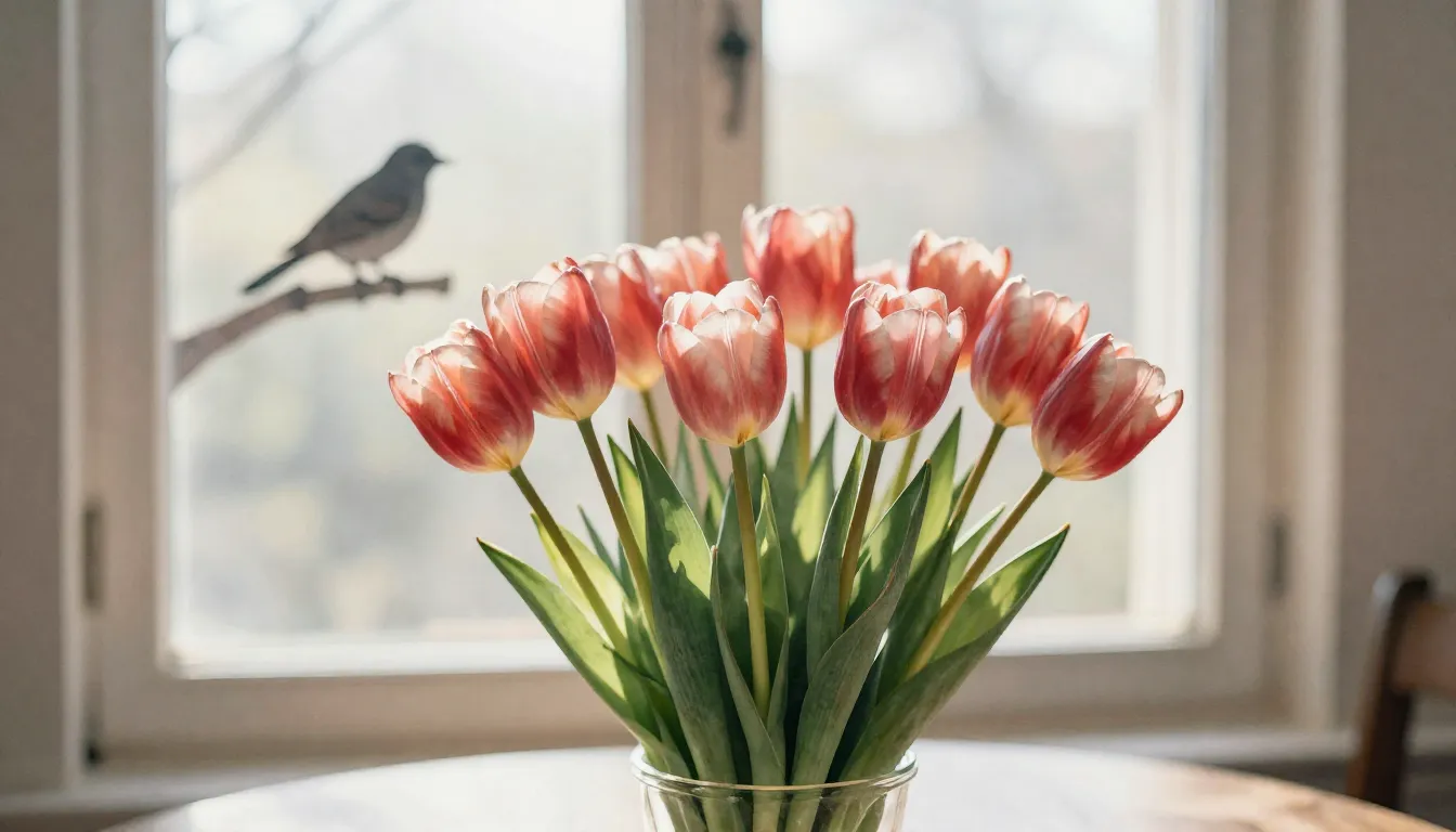 Watercolor style. A beautiful bouquet of spring tulips on a ...