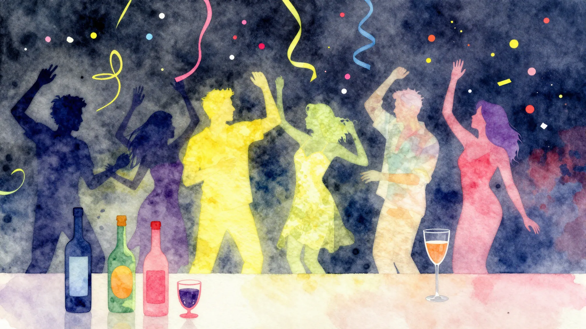 Watercolor style. A vibrant, abstract birthday party scene. ...