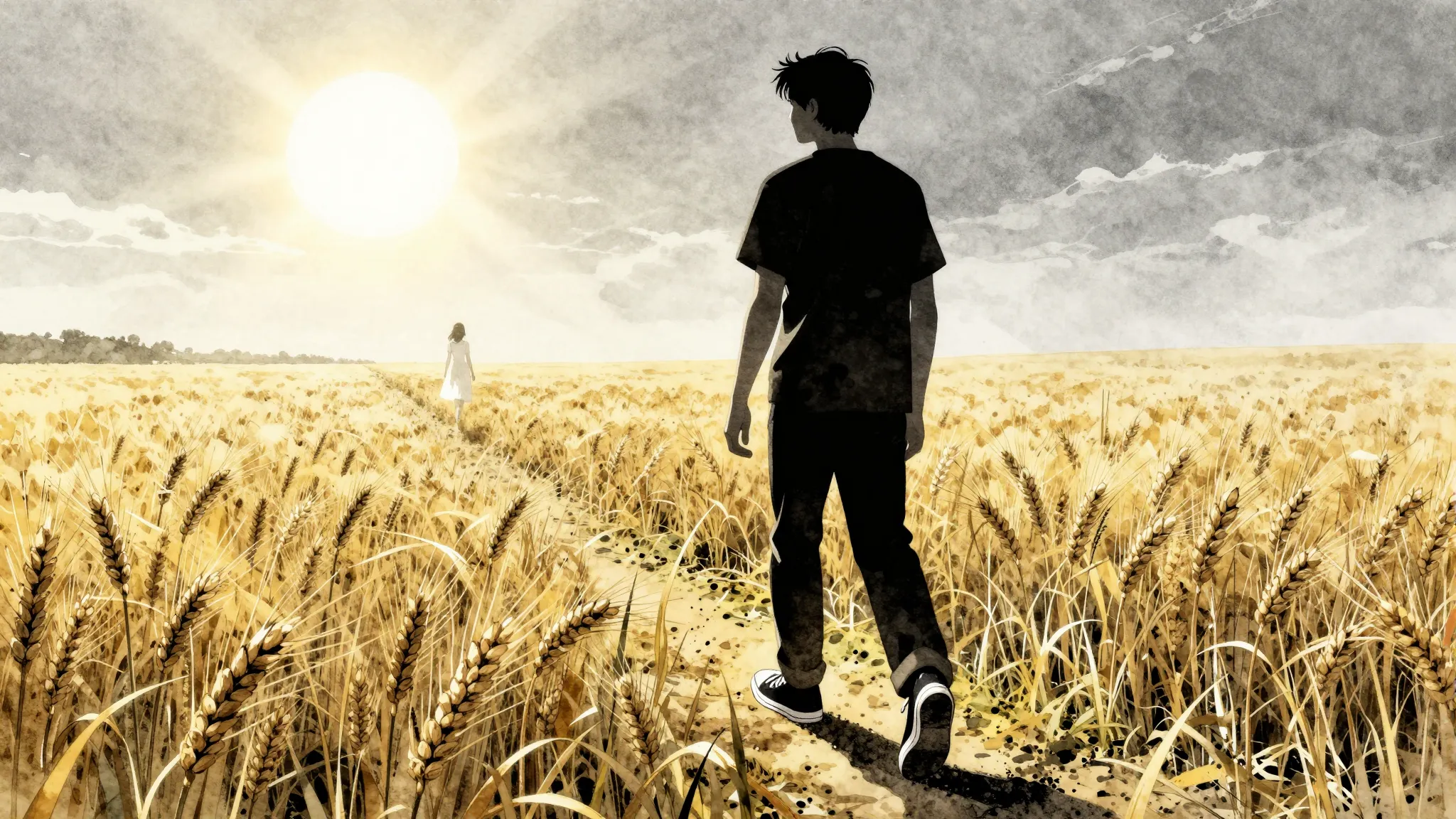 Watercolor style. A stylized, high-contrast silhouette of a ...
