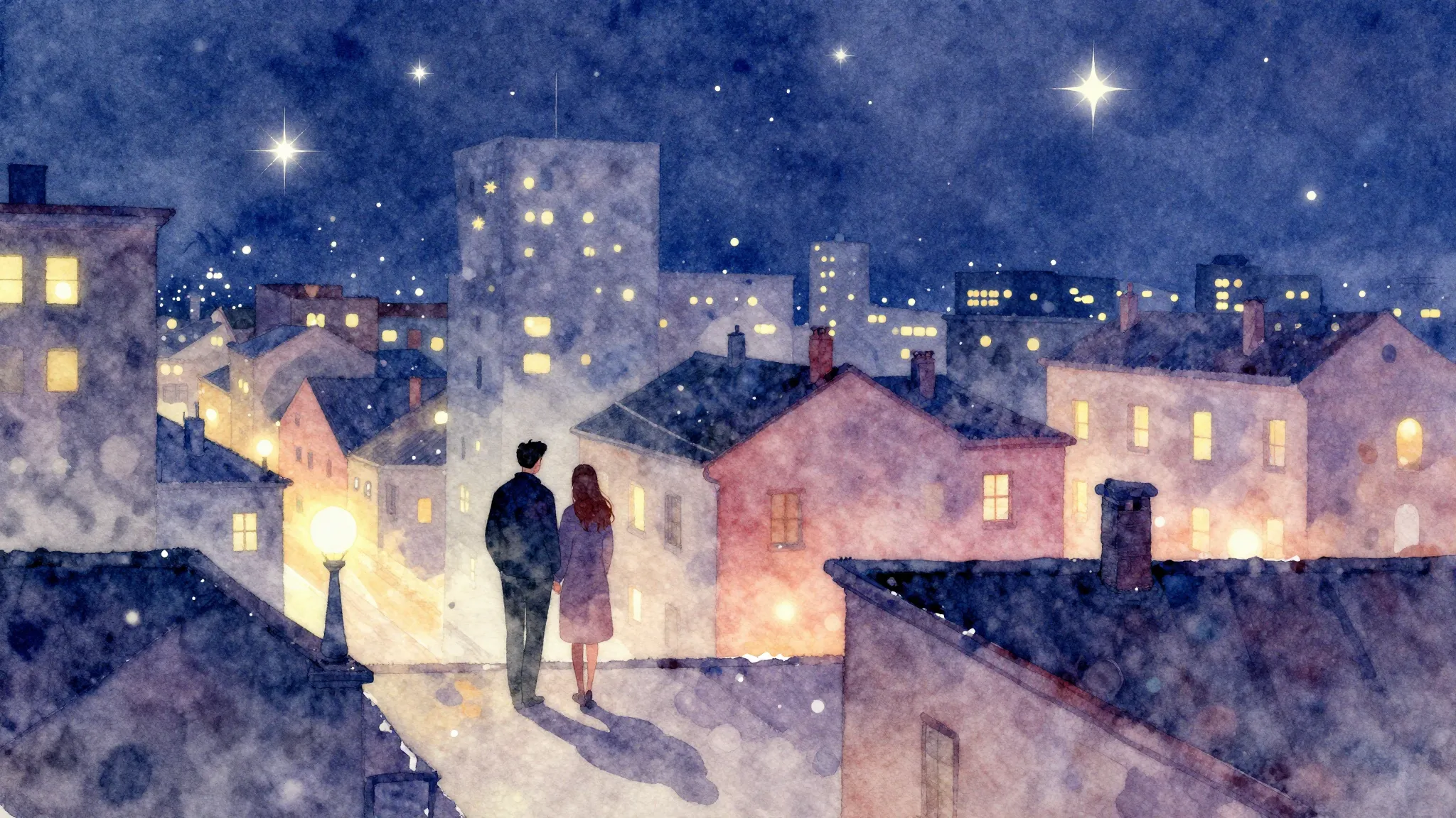 Vibrant watercolor style. Rock album cover: City rooftops at...