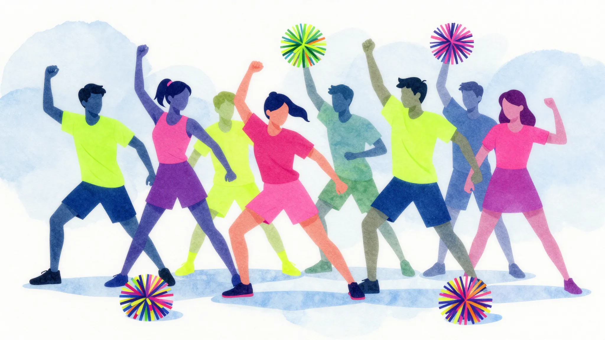 Watercolor style. Stylized silhouettes of a group of teenage...