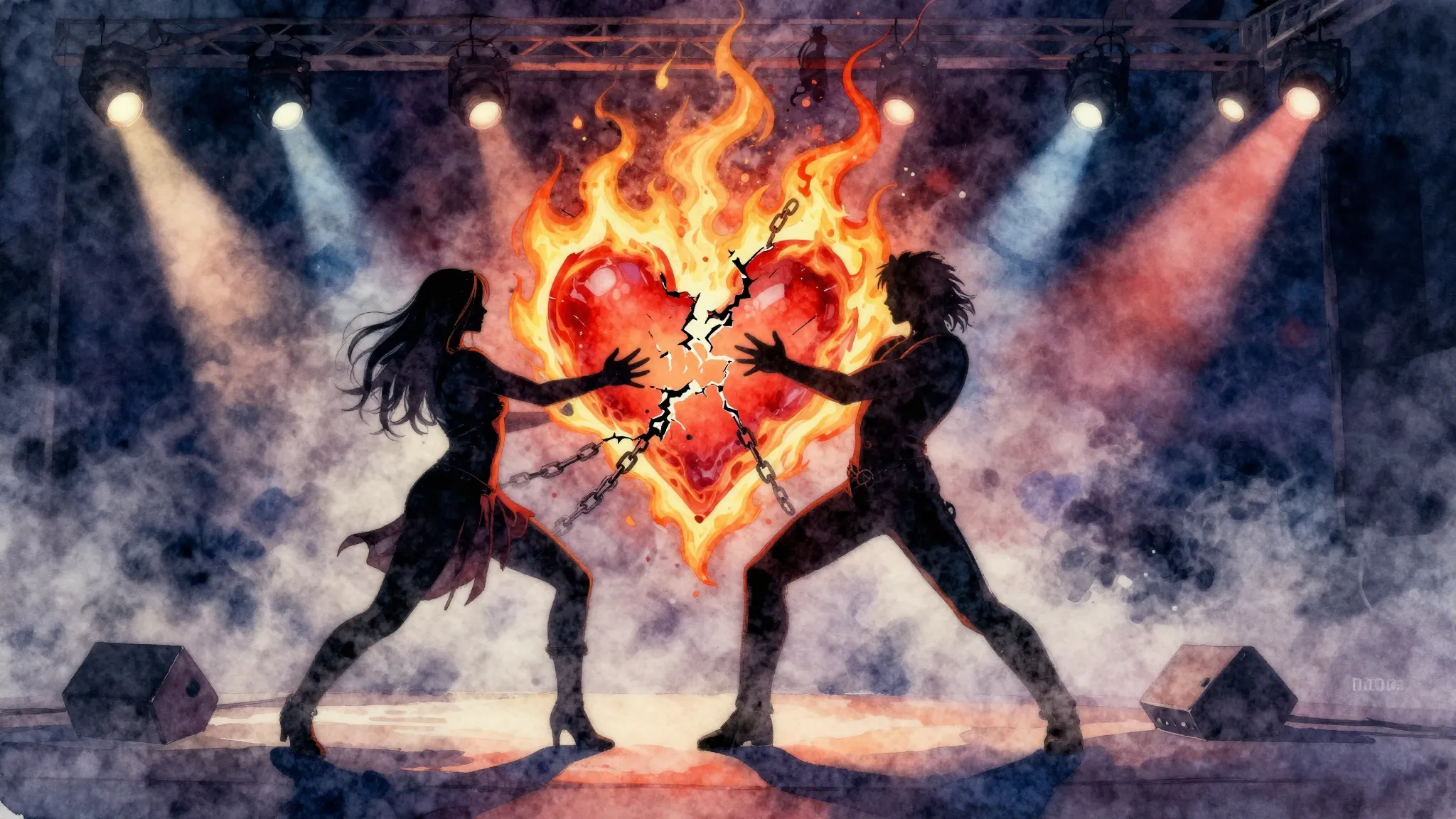 Vibrant watercolor style. Power metal album cover, dark stag...