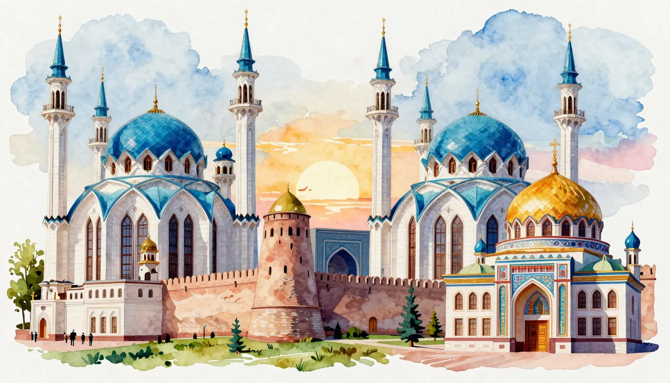 Watercolor style. A vibrant, stylized collage of Kazan landm...