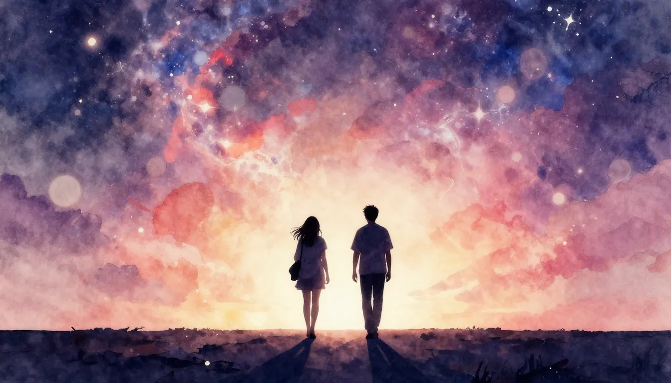 Watercolor style. Two silhouettes of people walking towards ...