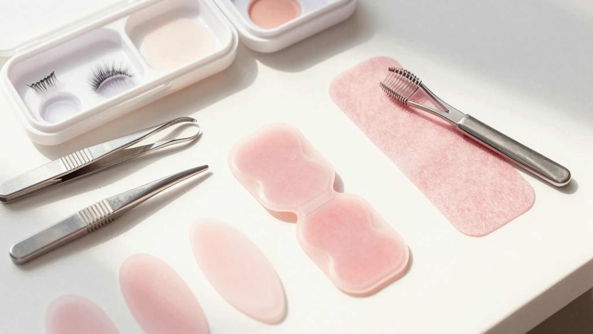 Watercolor style. Aesthetic workspace for eyelash lamination...