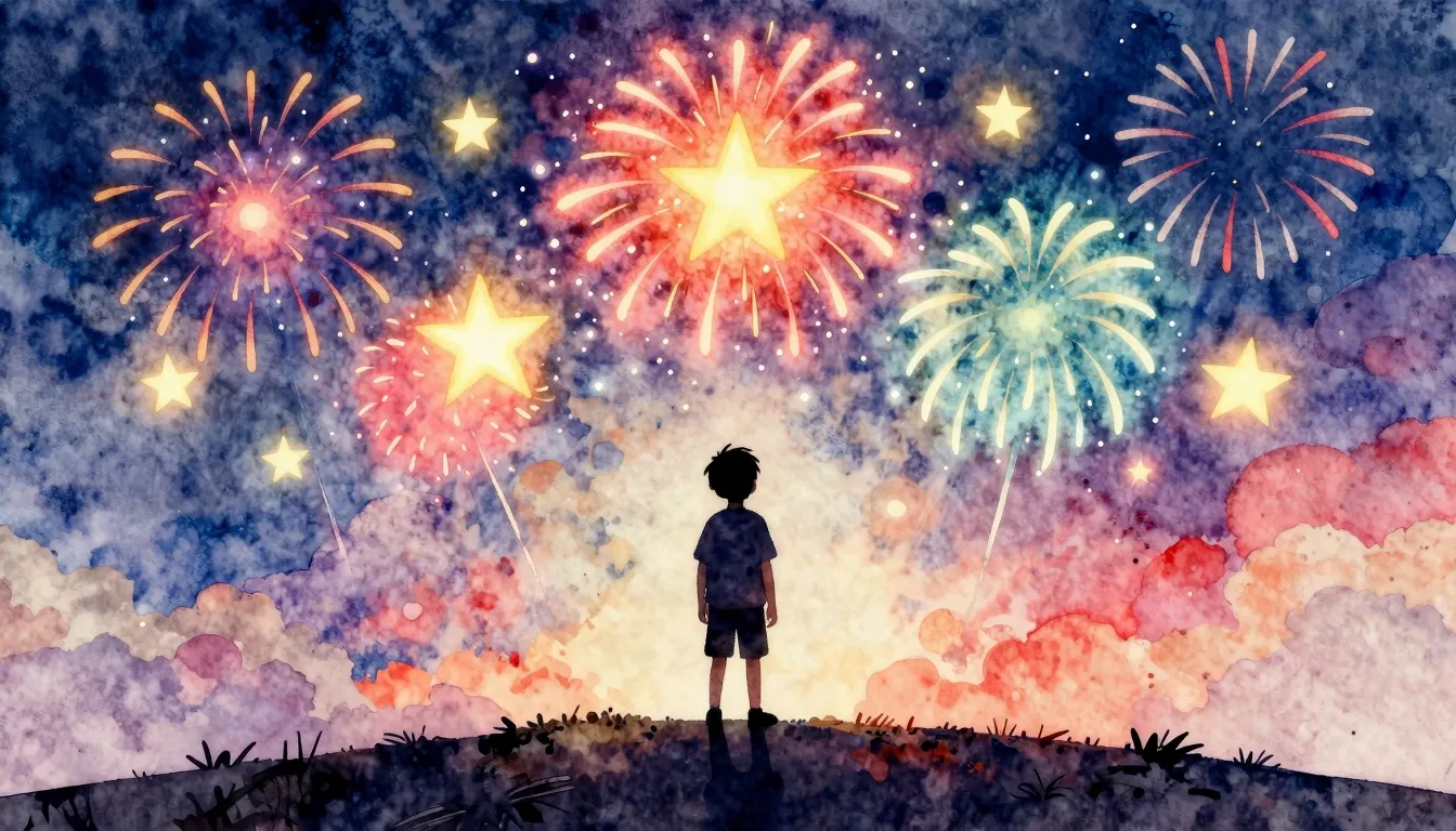 Watercolor style. A silhouette of a boy standing on a hill l...