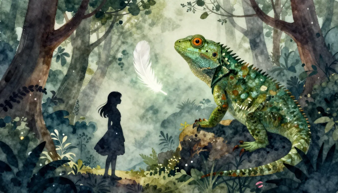 Watercolor style. Silhouette of a girl and a large lizard in...