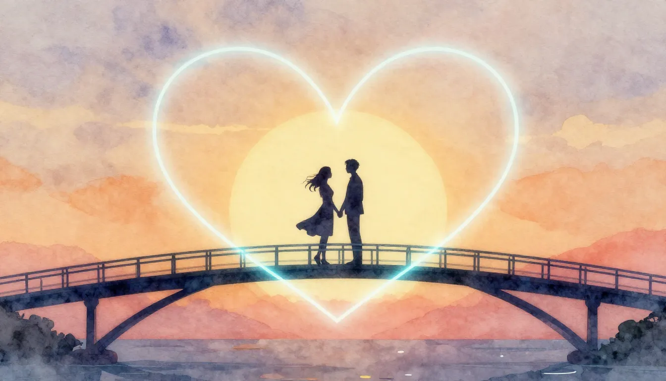 Watercolor style. A silhouette of a couple standing on a glo...